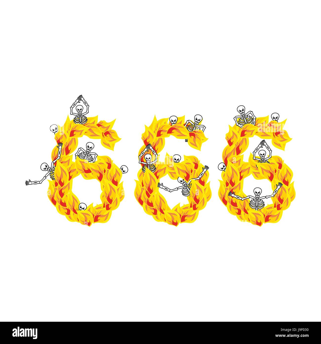 666 number of devil. Fire numeric. Skeletons in inferno. Sinners in hell. Satanic symbol. hellish thick Stock Vector