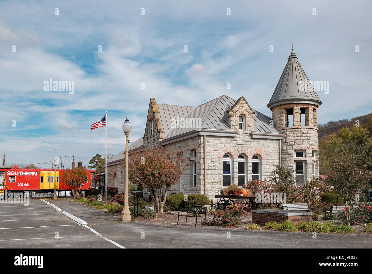 The restored stone railway station and railroad depot meseum in Fort