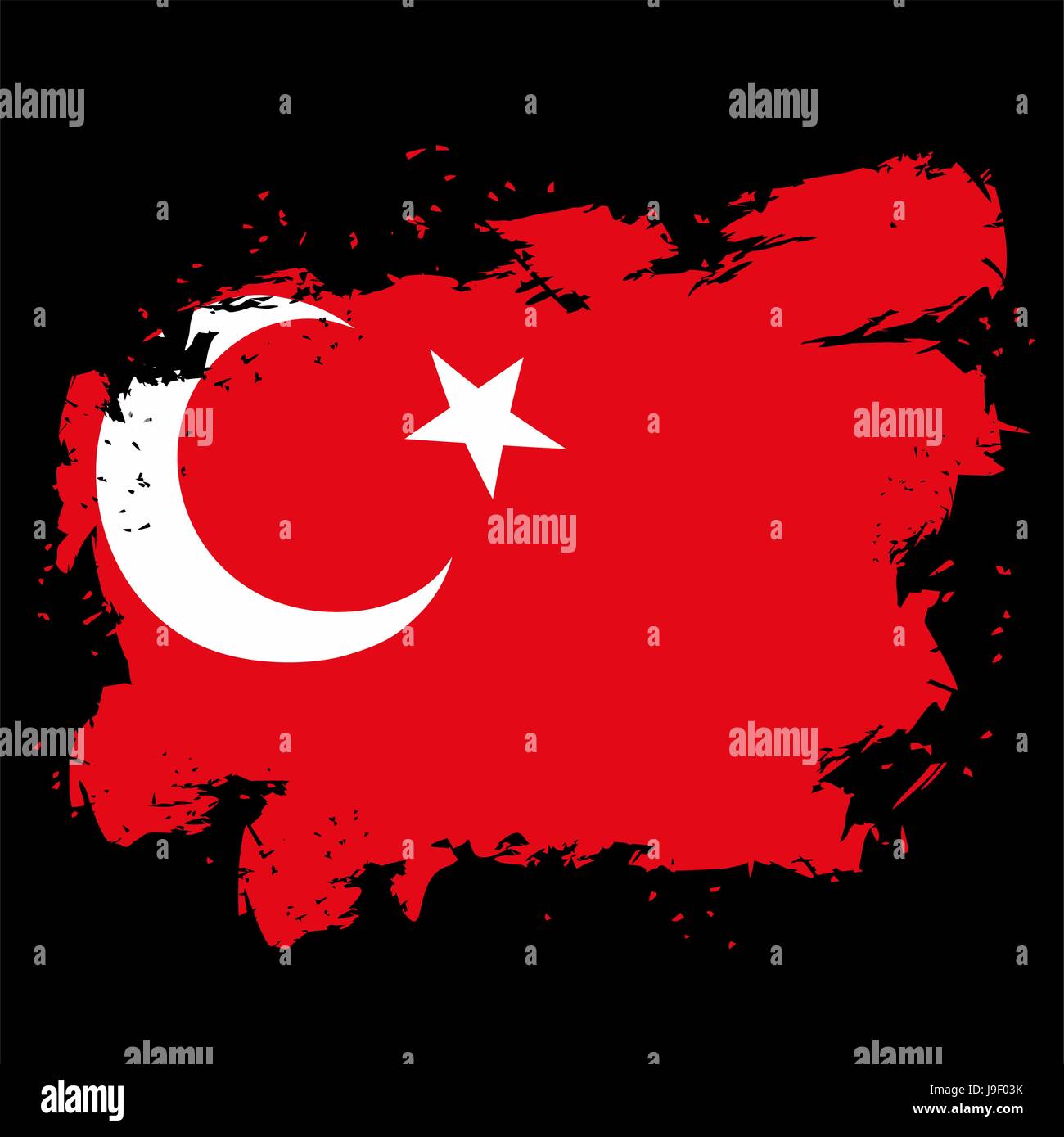 Turkey flag grunge style on black background. Brush strokes and ink splatter. National symbol of Turkish state Stock Vector