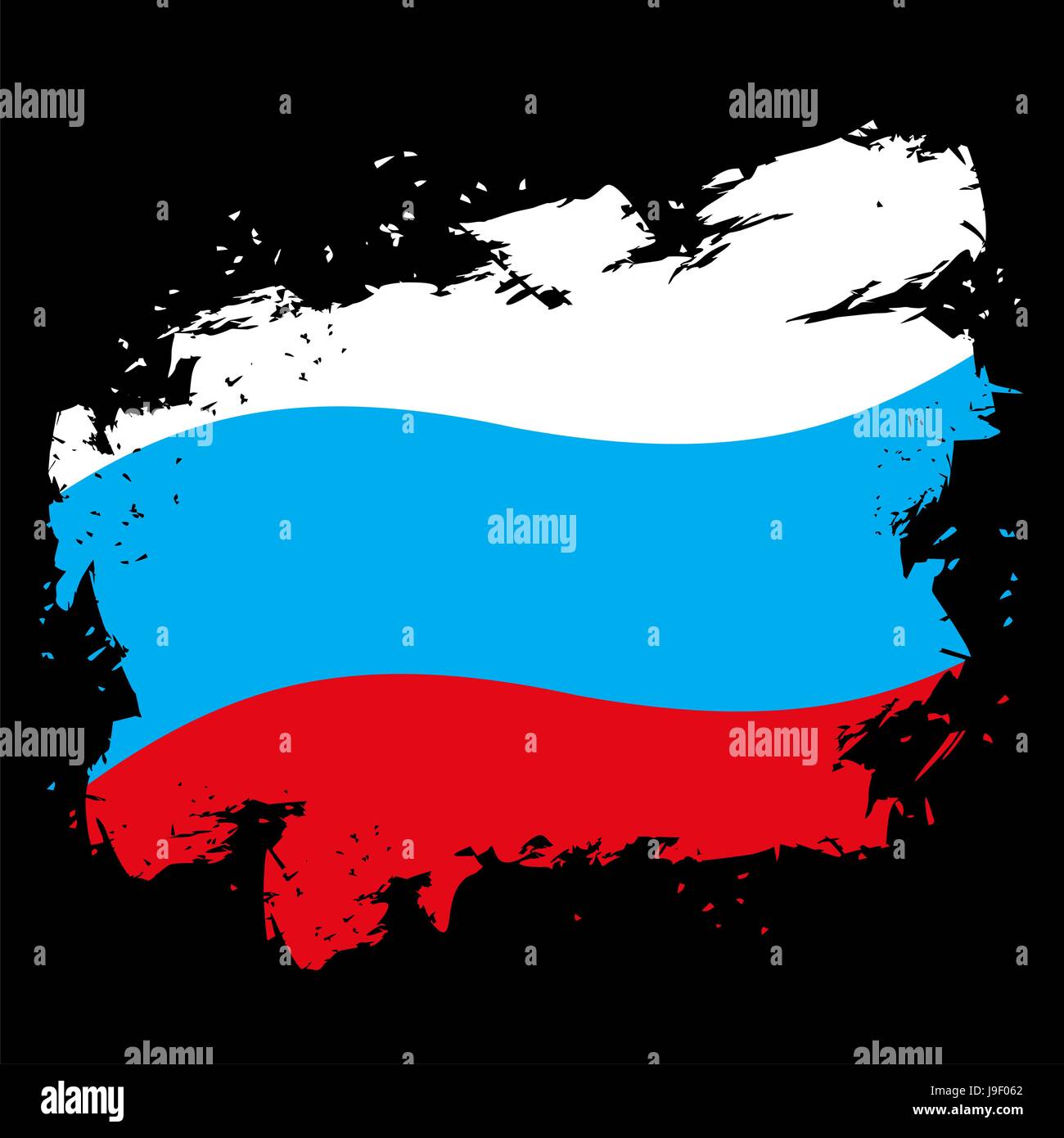 Russian flag grunge style on black background. Brush strokes and ink splatter. National symbol