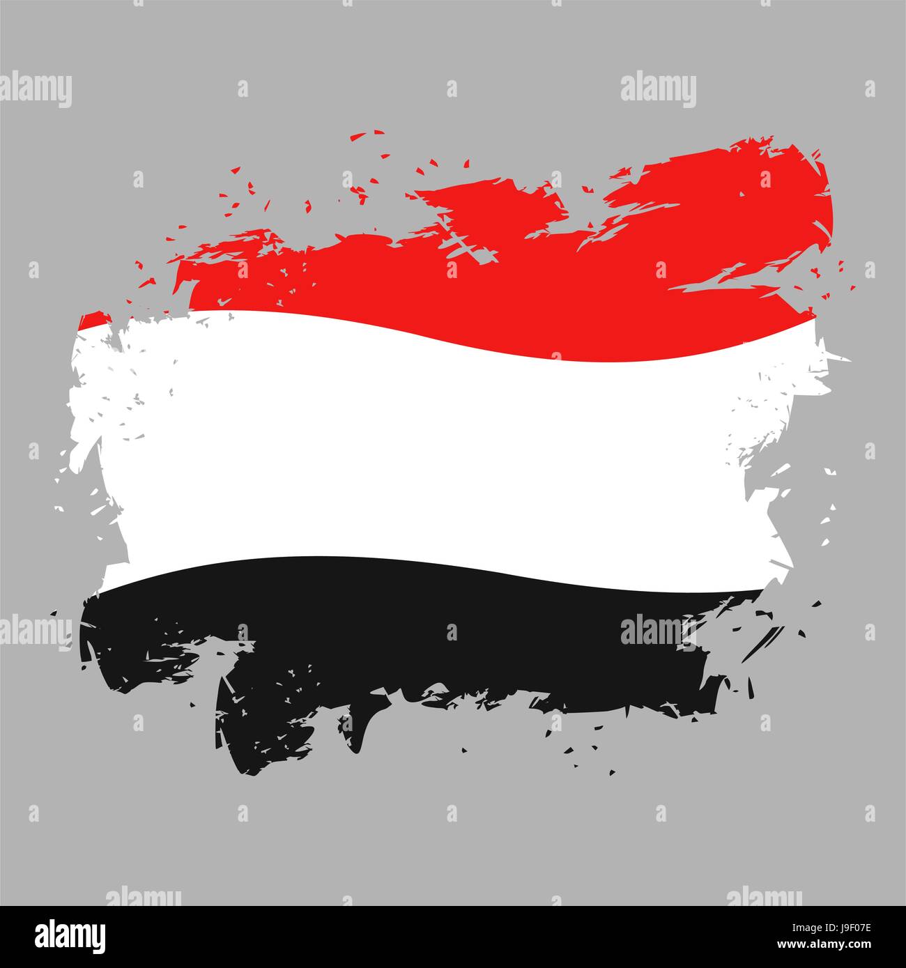 Yemen flag grunge style on gray background. Brush strokes and ink splatter. National symbol of Yemeni government Stock Vector