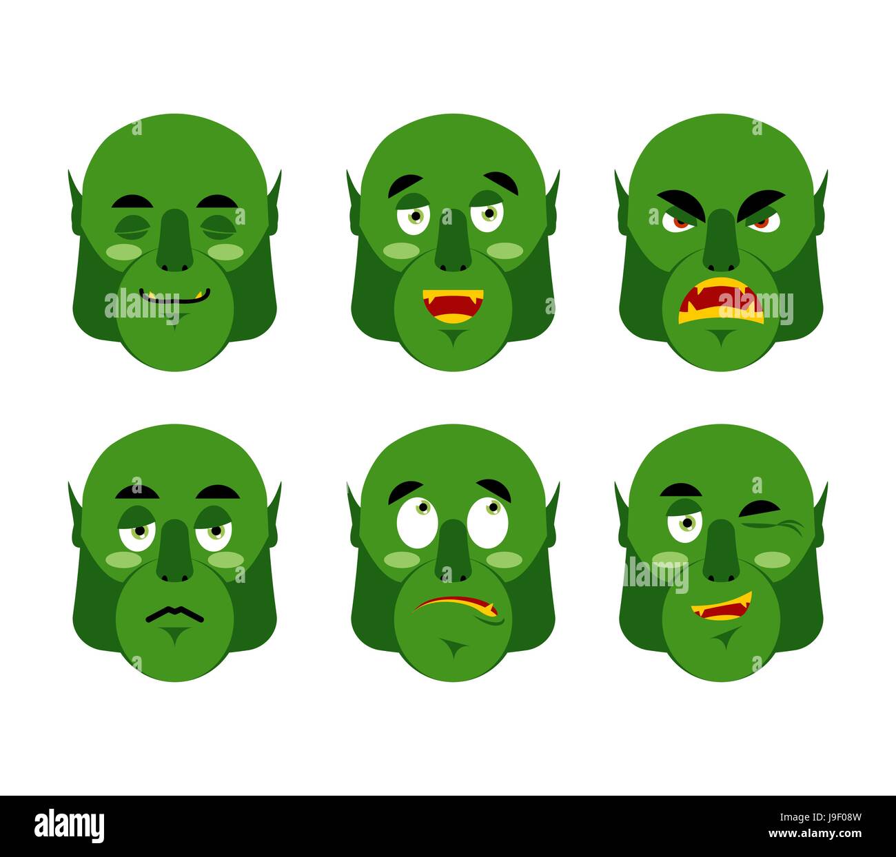 Emotions ogre. Set emoji expressions avatar green monster. Good and evil goblin. Discouraged and cheerful. Sad and sleepy. Aggressive and cute Stock Vector