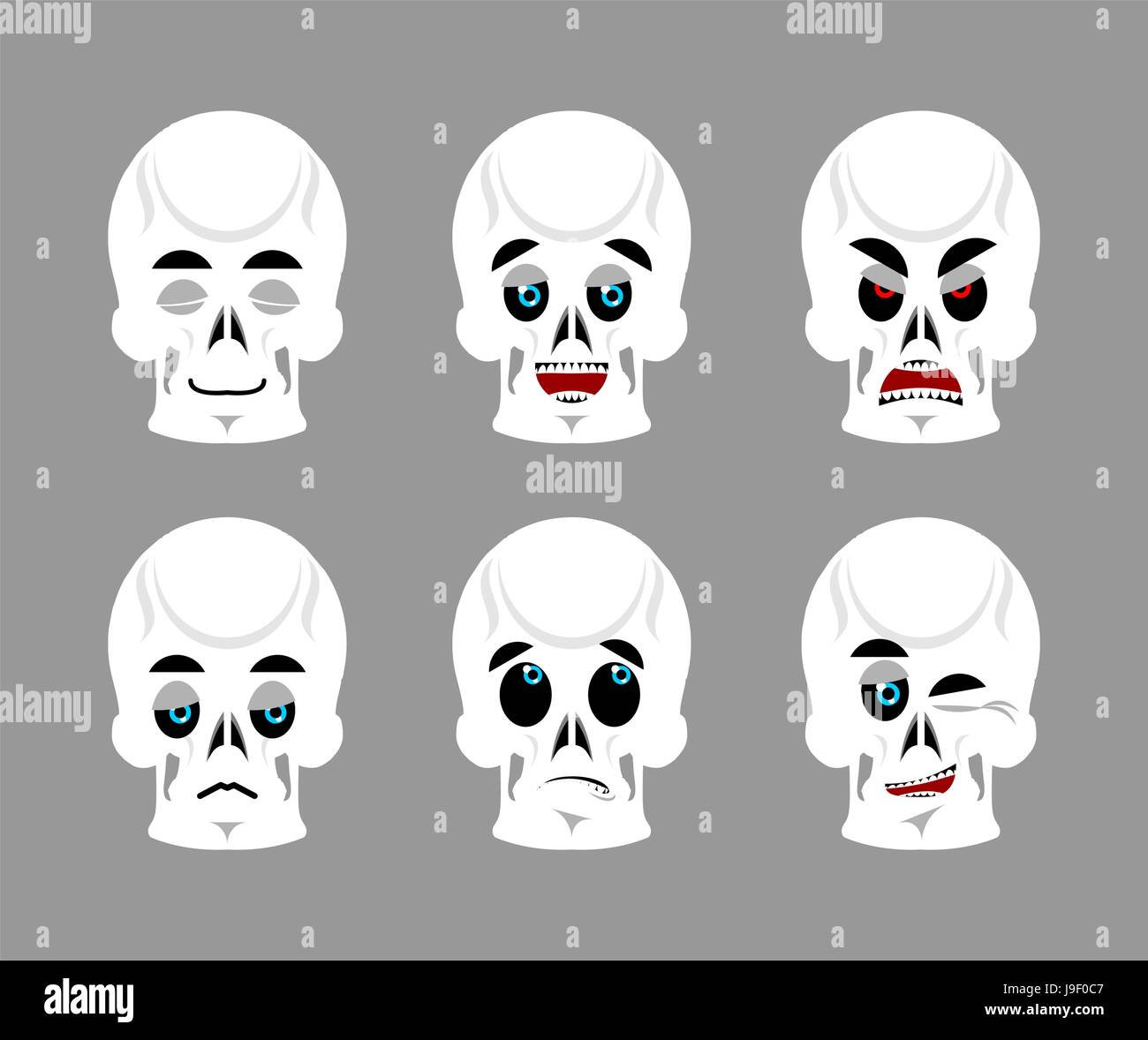 Emotions skull. Set expressions avatar skeleton. Good and evil dead. Discouraged and cheerful. Sad and sleepy. Aggressive and cute Stock Vector