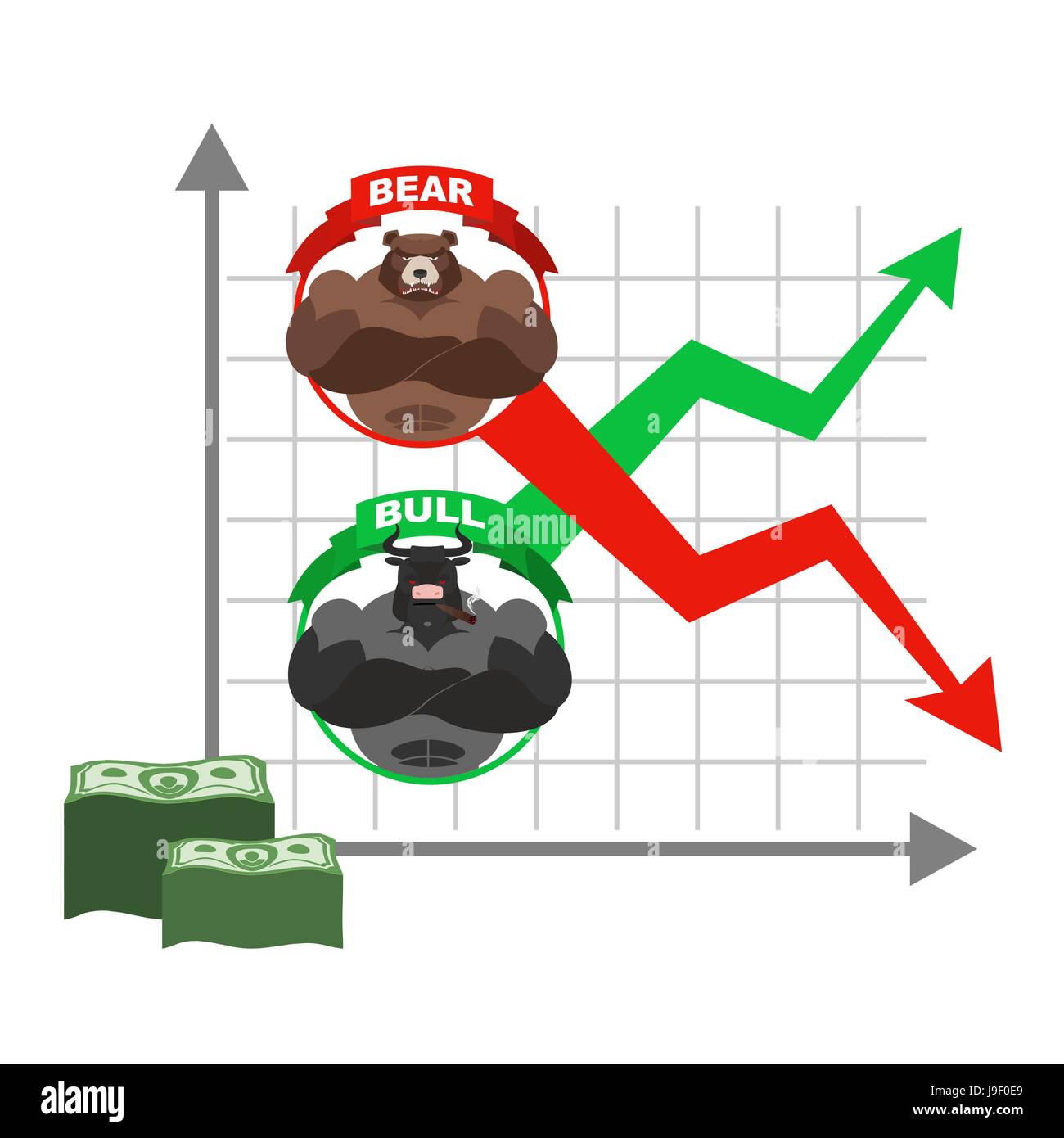 Rise and fall of  quotations of dollar. Bets on  Exchange. Bears and bulls. Red and green arrow. Business graph. graph of traders on stock exchange. S Stock Vector