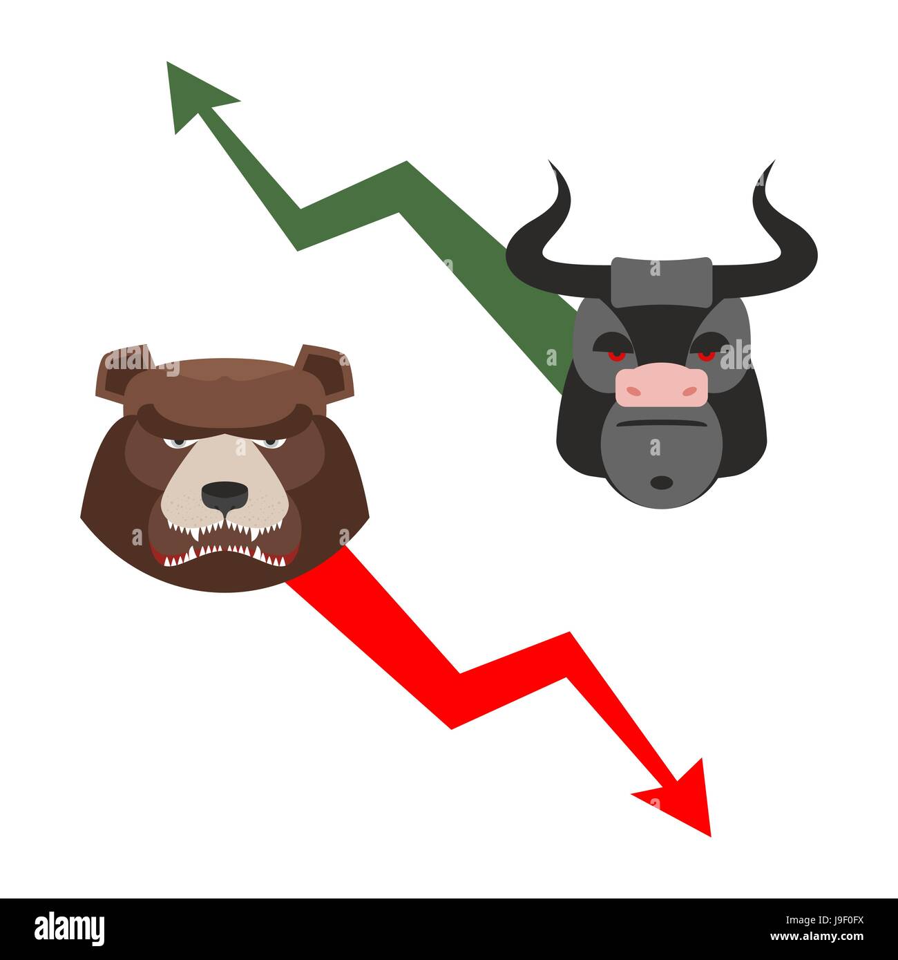 Bull and bear. Traders allegory. Green up arrow-increase shares. Red down arrow drop quotes. Angry bear and a ferocious Bull. Set of icons for Exchang Stock Vector