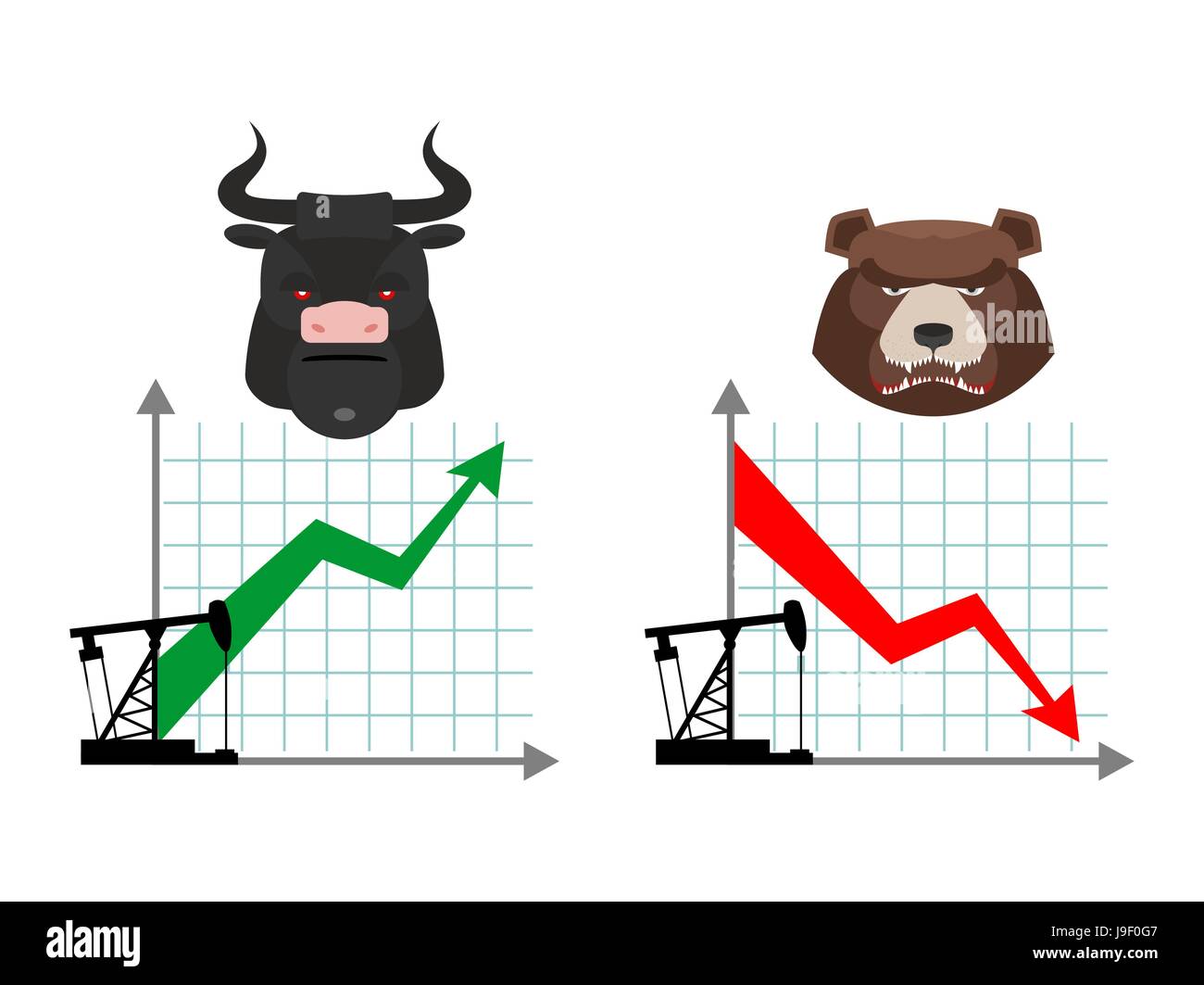 Bear and bull. Quotations of oil production. Oil rig. Depreciation of oil. Global rise in oil prices. Green up arrow. Traders bulls. Red down arrow tr Stock Vector