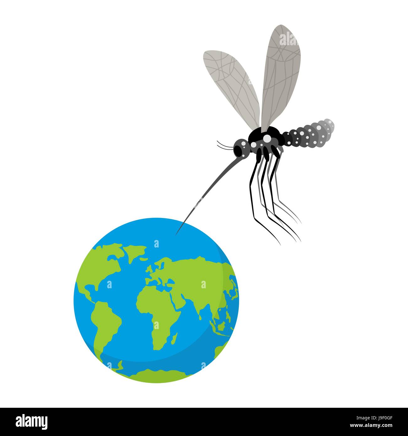 Mosquito and Earth. Zika virus mosquito attacked planet. Humanity is in danger. Epidemic is threat to people. Mosquito bites planet Stock Vector