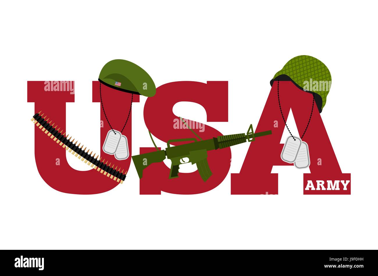 US Army. Symbol Of Americas Army. logo for U.S. armed forces. Soldiers accessories. Green Beret and helmet. Soldiers badge. Military rifle. Cartridge  Stock Vector
