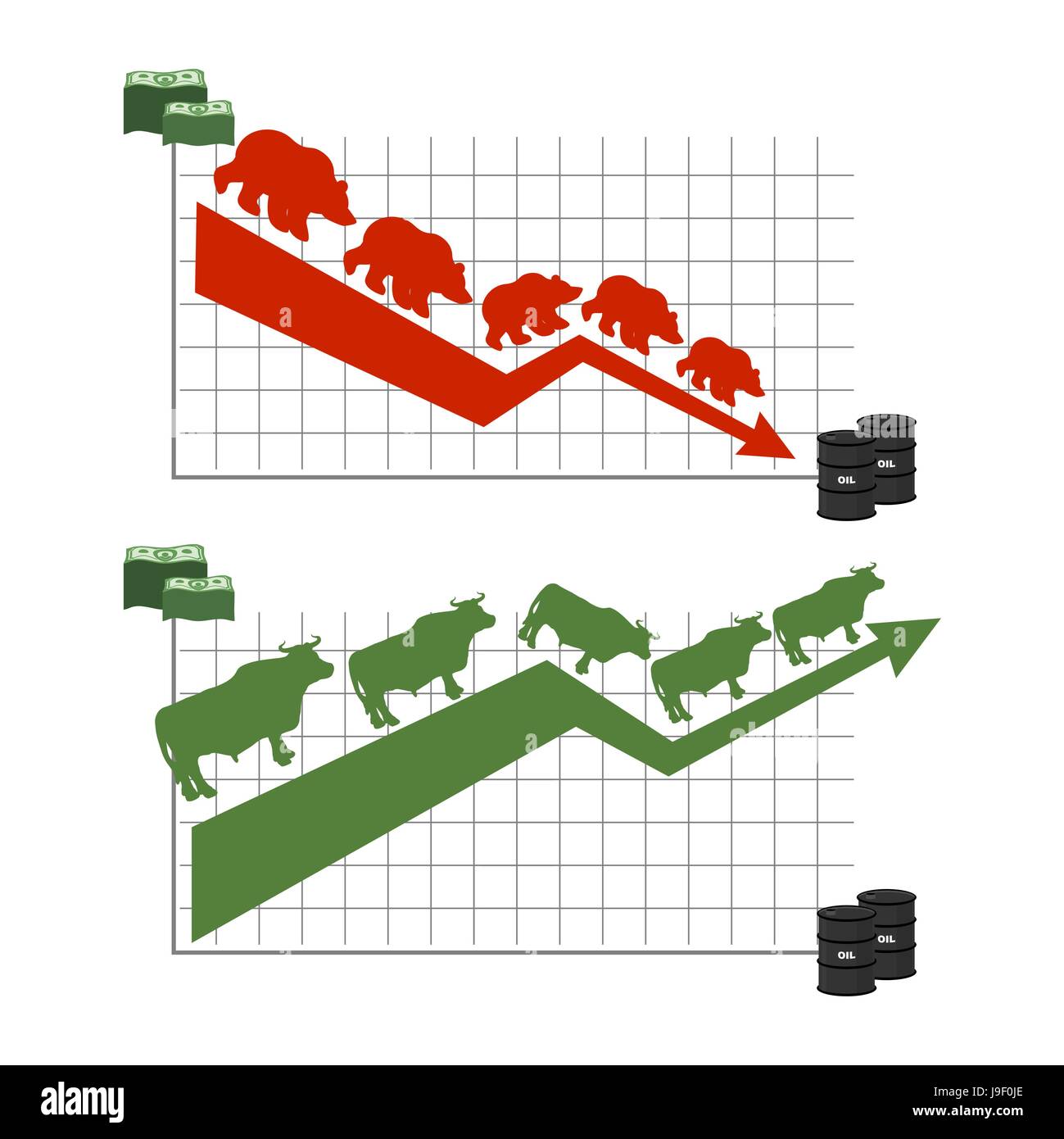 Bear and bull. Rise and fall of oil quotations. Red down arrow. Green up arrow. Traders at stock exchange. Business infographics. Barrel of oil and do Stock Vector
