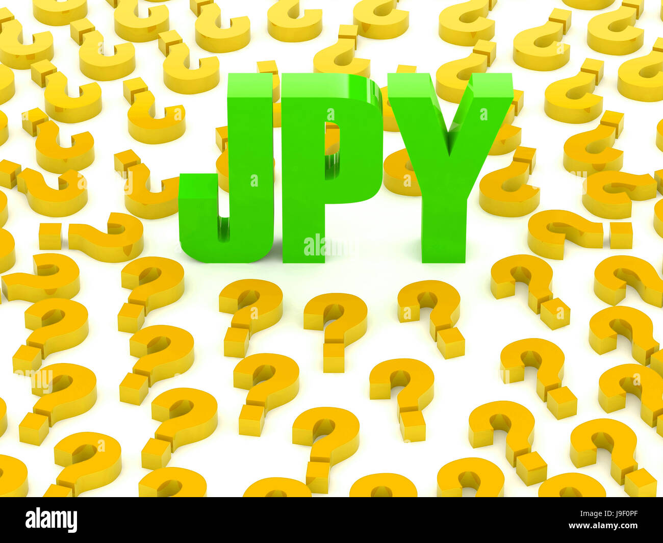 JPY sign surrounded by question marks. Concept 3D illustration. Stock Photo