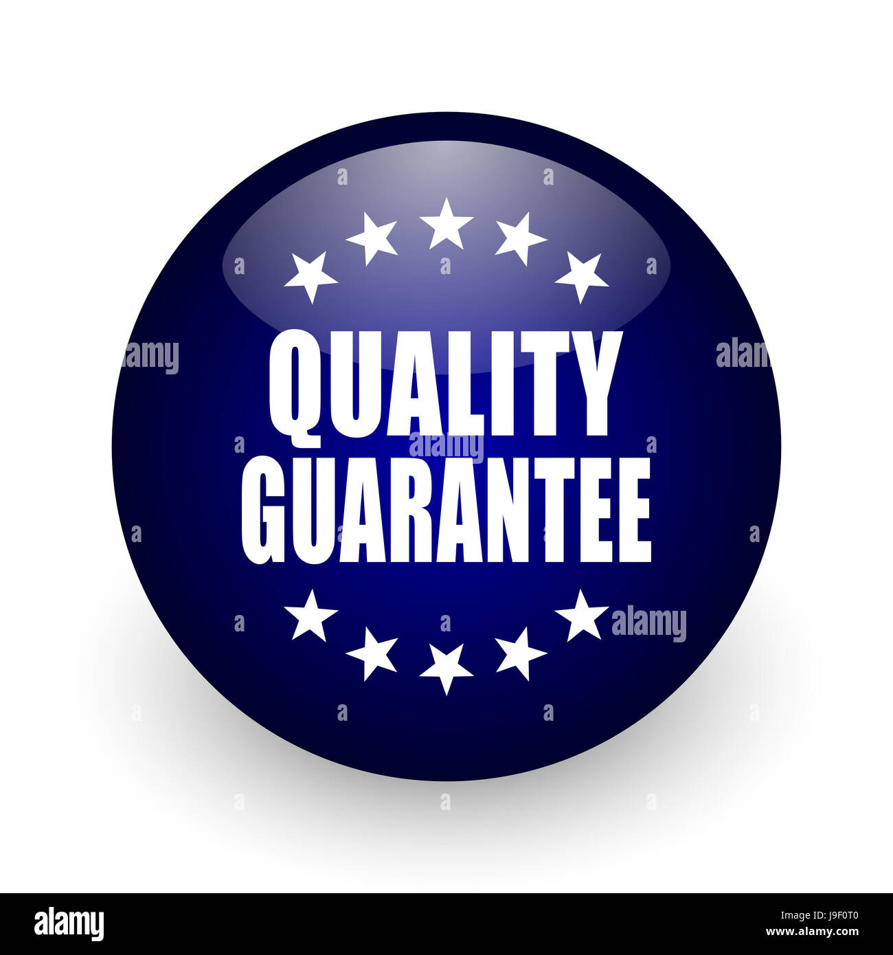 Quality guarantee blue glossy ball web icon on white background. Round ...