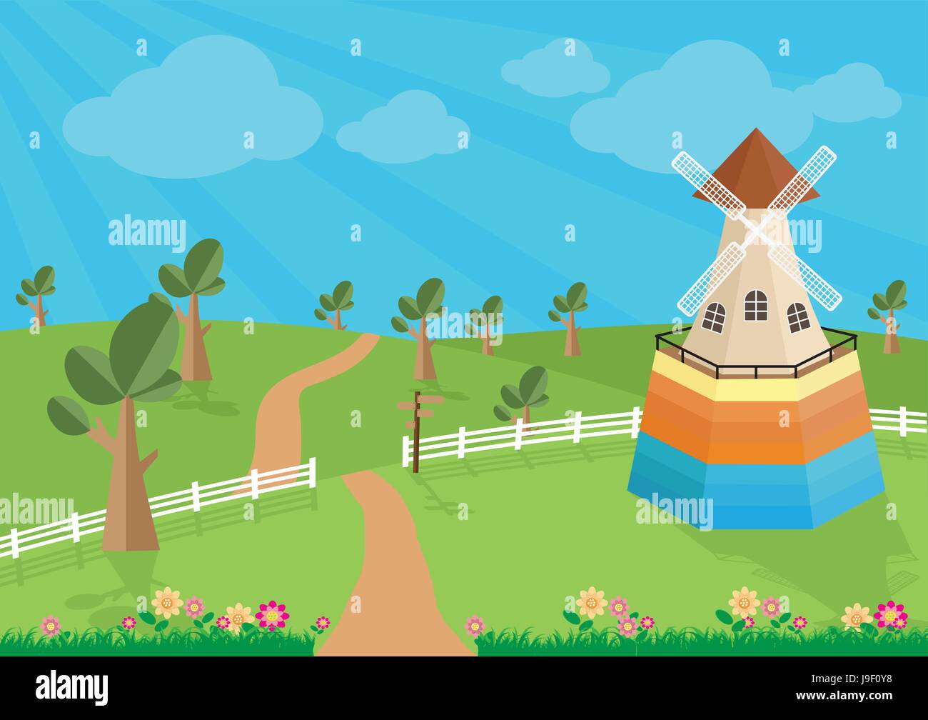Rural landscape with windmill, vector illustration. Stock Vector
