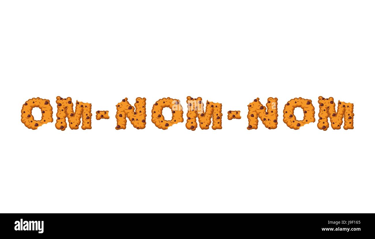 Om nom nom cookie Typography. Letters of biscuit. lettring of cookies. Edible cracker text Stock