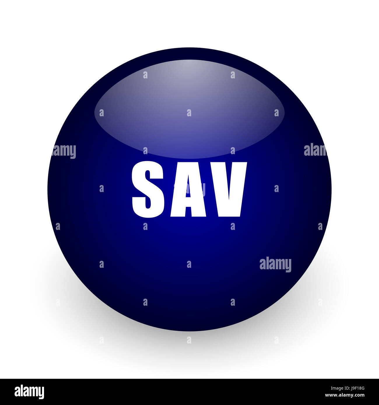 Sav blue glossy ball web icon on white background. Round 3d render button. Stock Photo