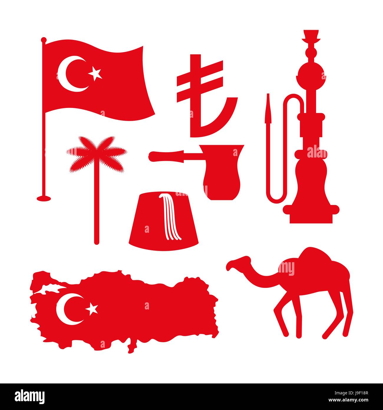 Turkey symbol set. Turkish national icon. State traditional sign. Map and flag of country. Turk and Turkish lira sign. Camels and palm trees. Fez and  Stock Vector