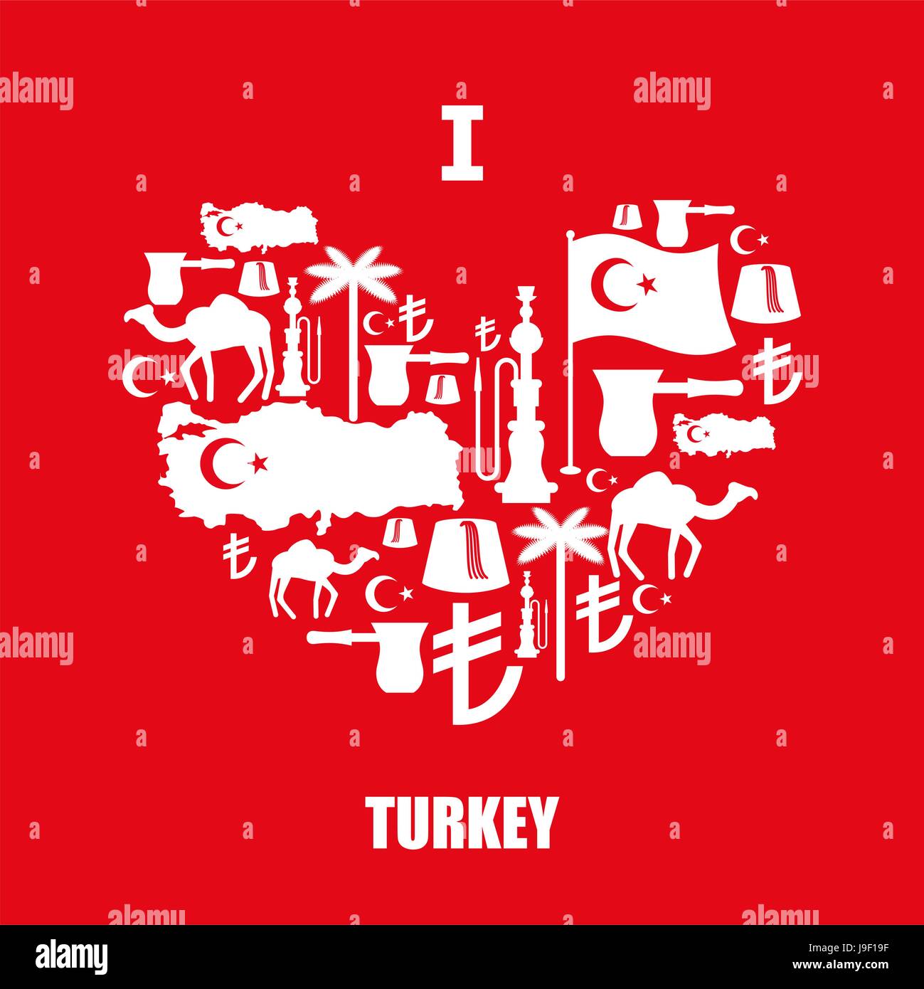 I love Turkey. Sign heart of traditional Turkish folk characters. Map and flag of country. Turk and Turkish Liras Symbol. Camels and palm trees. Fez a Stock Vector