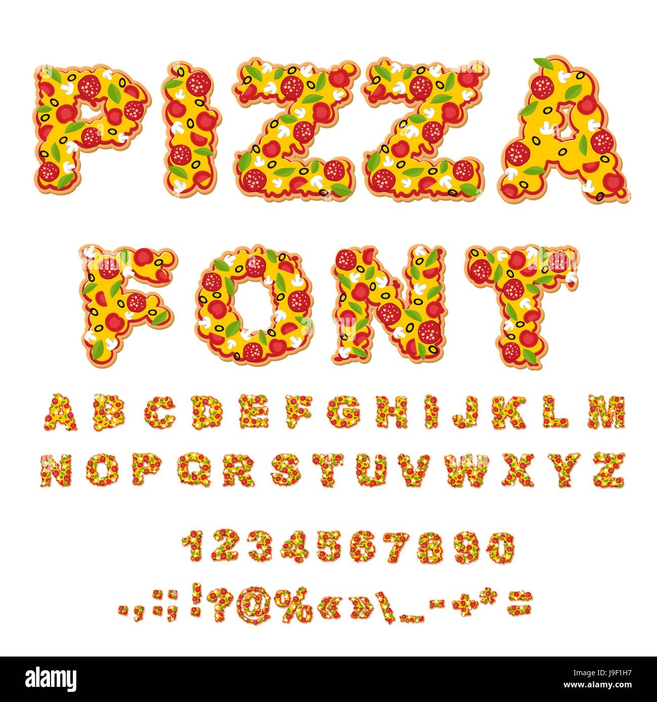 Pizza font. Letters dough. Food Alphabet. Fast food ABC. Italian food
