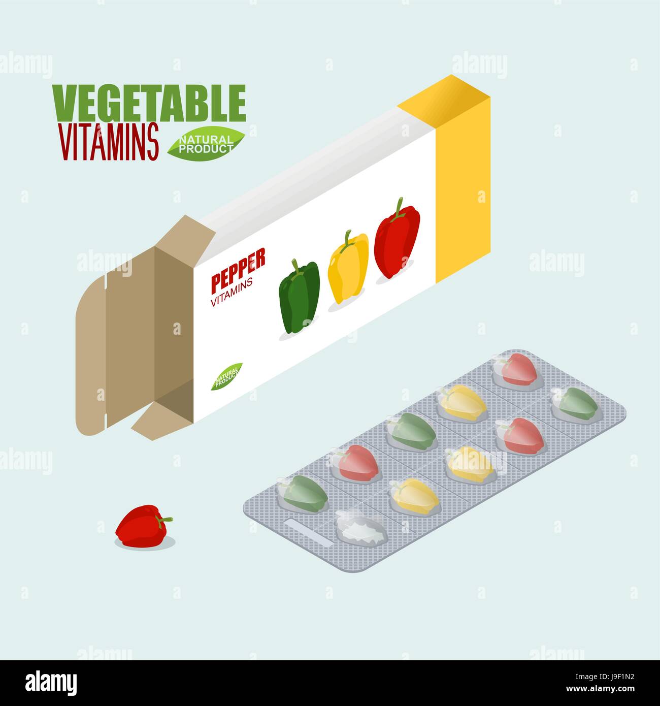 Pepper vitamins. Vegetarian pills. Tablets in pack. Natural products for health in form of bell pepper.  medicament vegetable. Medical drugs. Stock Vector