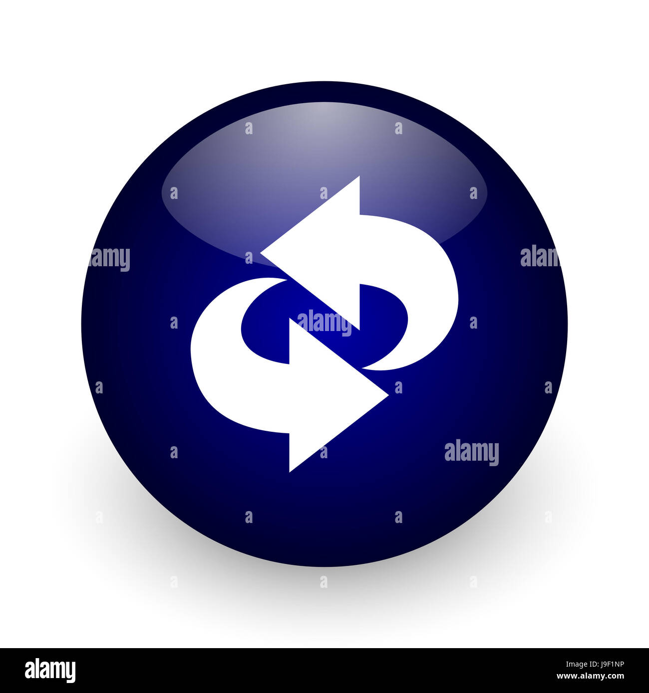 Rotation blue glossy ball web icon on white background. Round 3d render ...