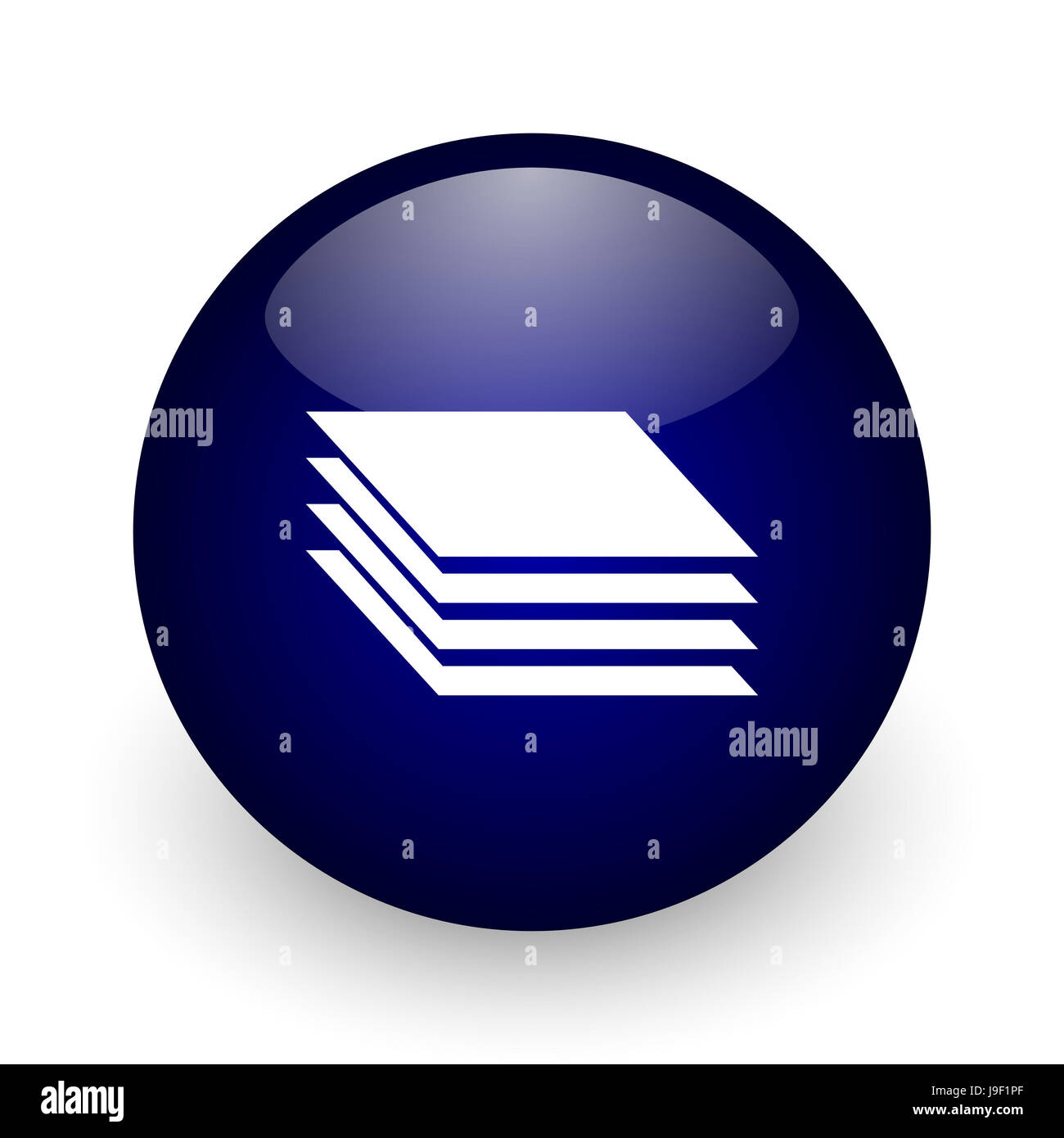 Layers blue glossy ball web icon on white background. Round 3d render button. Stock Photo