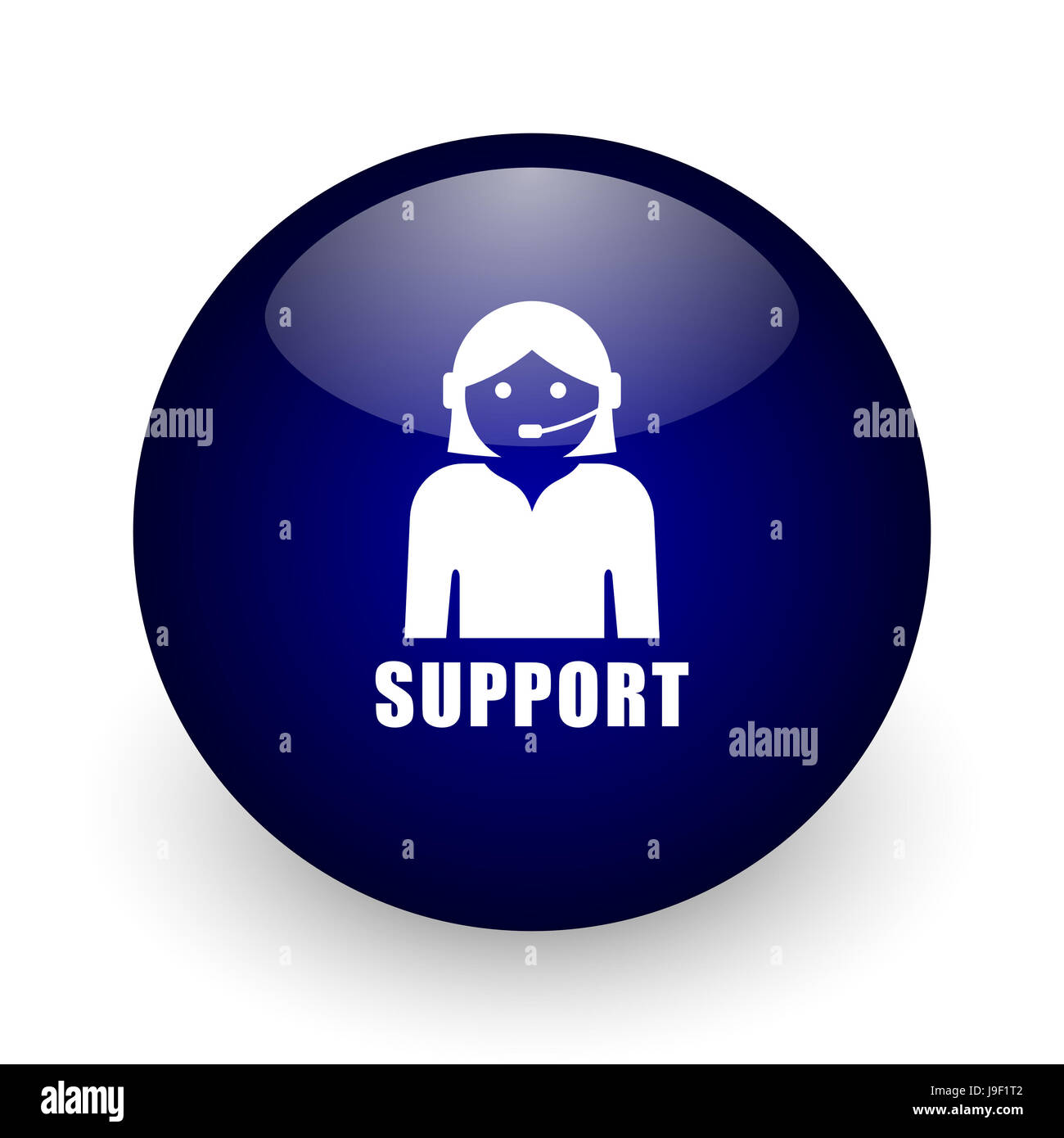 Support blue glossy ball web icon on white background. Round 3d render ...