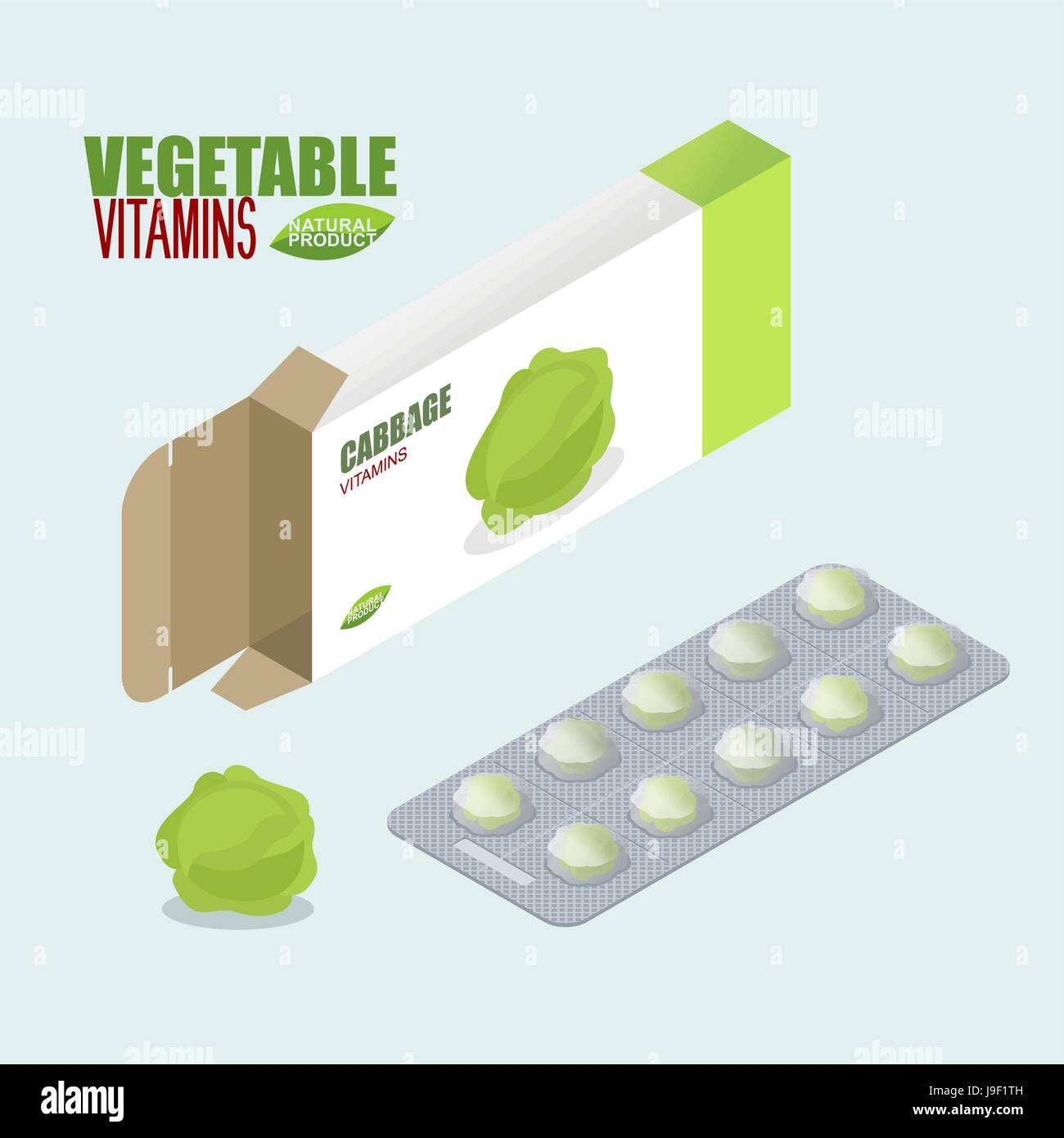 Cabbage vitamins. Vegetarian pills. Diet pills in pack. Natural products for health in form of green cabbages. Drug vegetable. Medical medicament Stock Vector