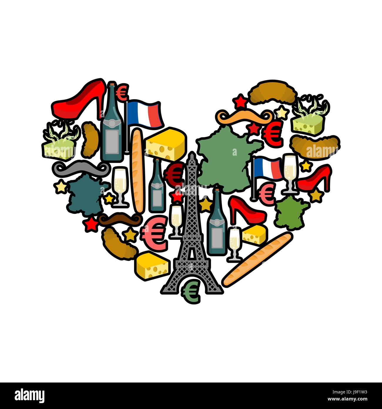 I Love Paris. Traditional French national set of icons in form of heart. Eiffel Tower and croissant. French flag and map. Wine and cheese. Fashion and Stock Vector