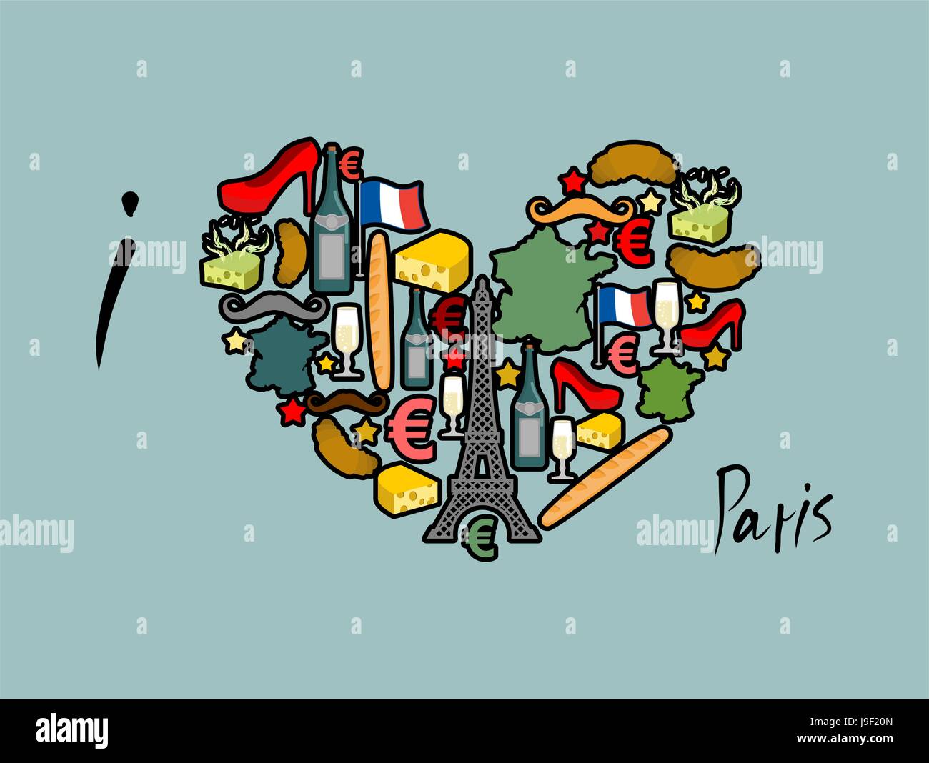 I Love Paris. Traditional French national set of icons in form of heart. Eiffel Tower and croissant. French flag and map. Wine and cheese. Fashion and Stock Vector