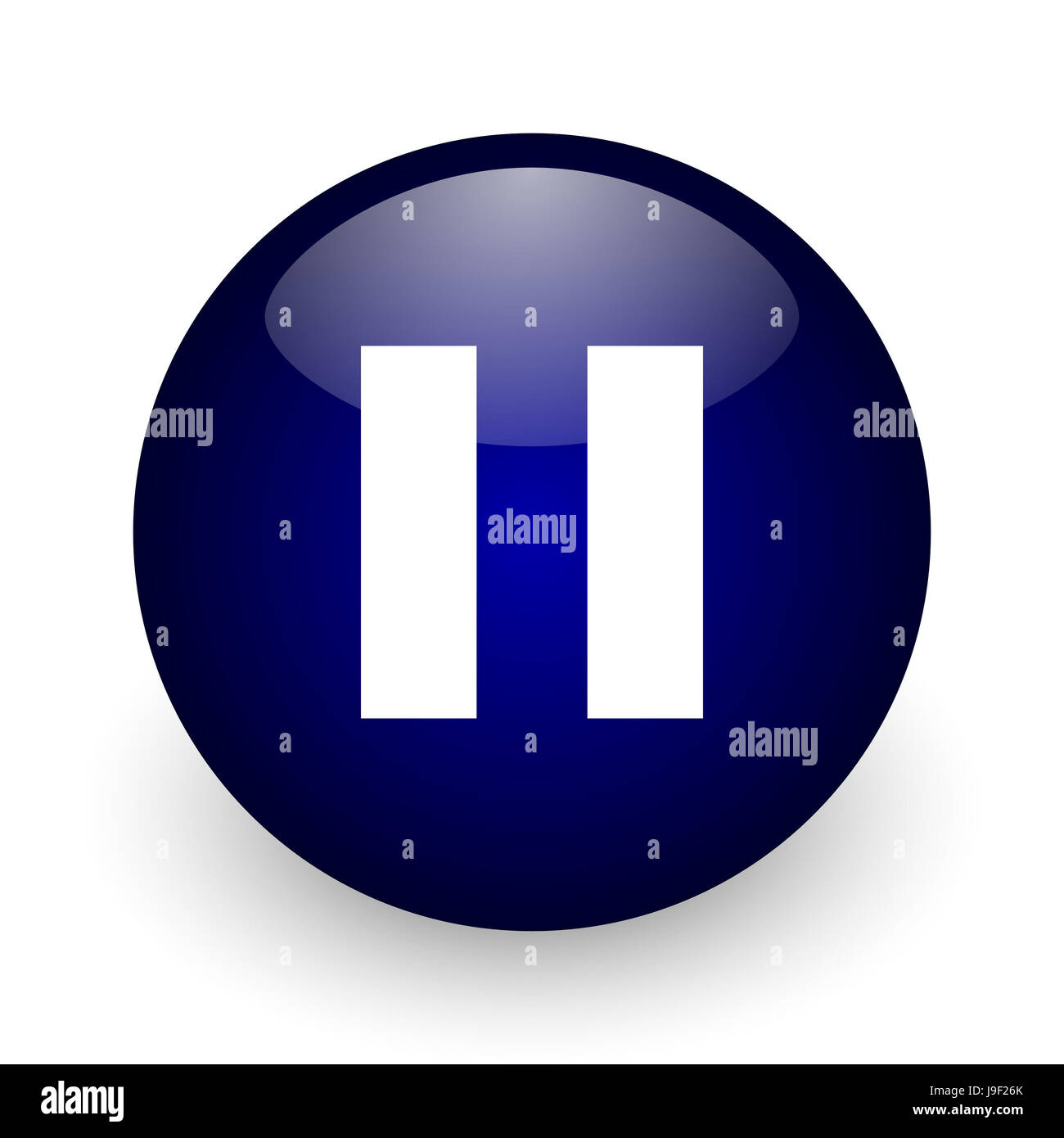 Pause blue glossy ball web icon on white background. Round 3d render ...