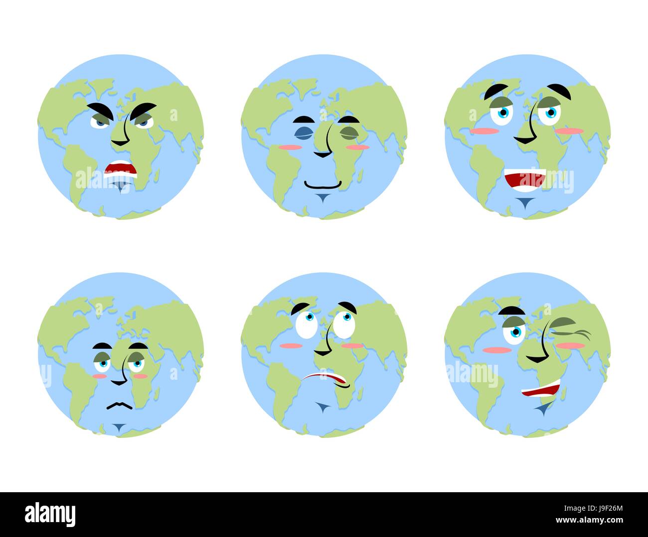 Earth emotions Set. Planet with cartoon face. Cheerful and angry globe. Surprise and sadness planet. Sleepy world. Collection of planet earth emoticon Stock Vector