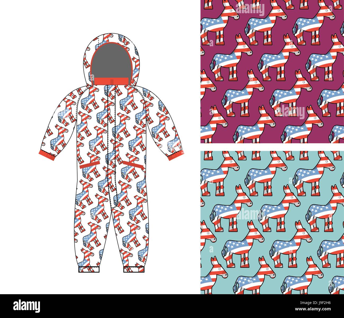 Democrat baby Childrens clothing. Donkey seamless pattern.  Symbol of political party in America. Textures for girls and boys. Childrens Rompers desig Stock Vector