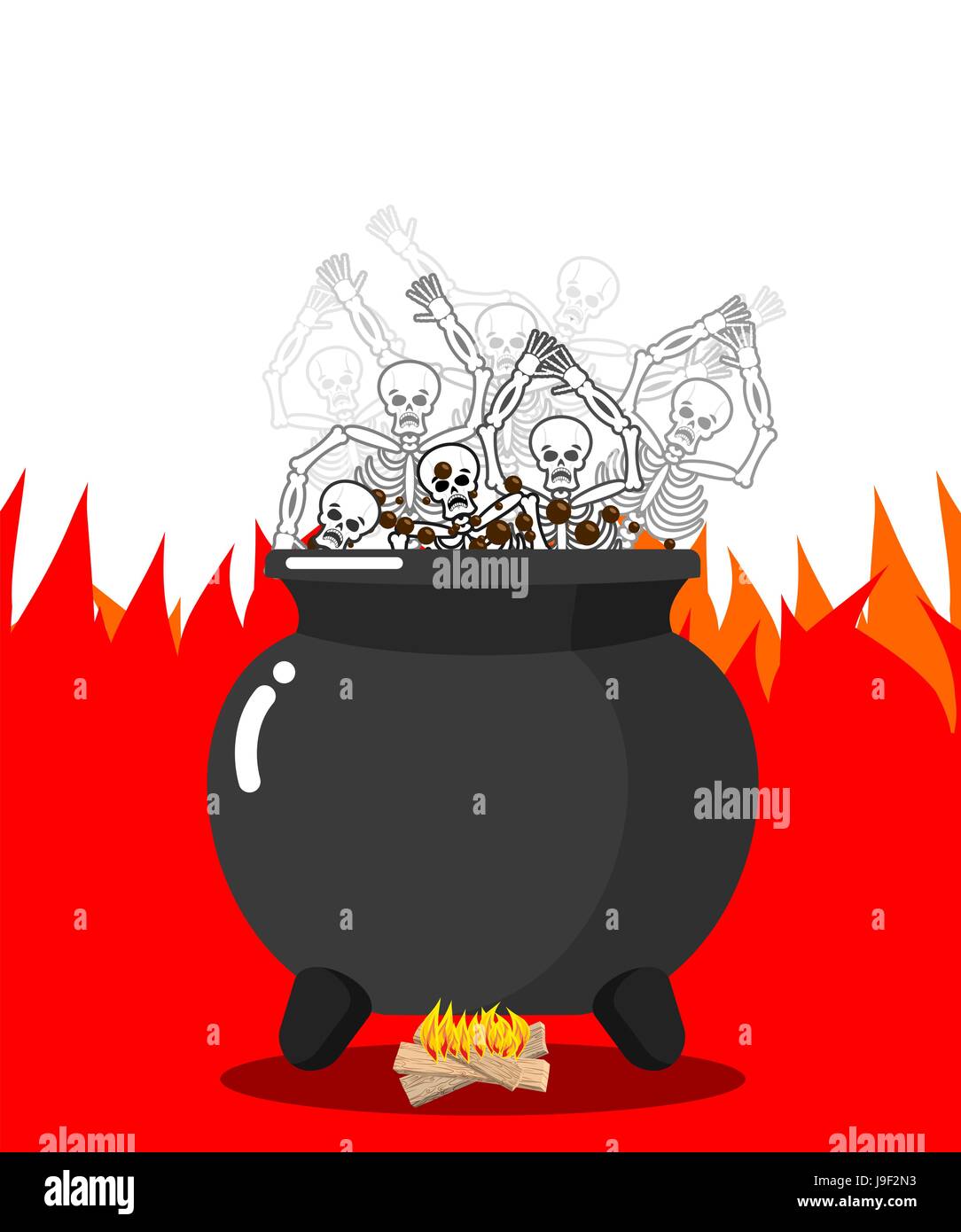 Sinners in cauldron in hell. Skeletons are cooked in resin in underworld. Dead are experiencing hellish pains. Big black pan. Price paid for sins. Rel Stock Vector