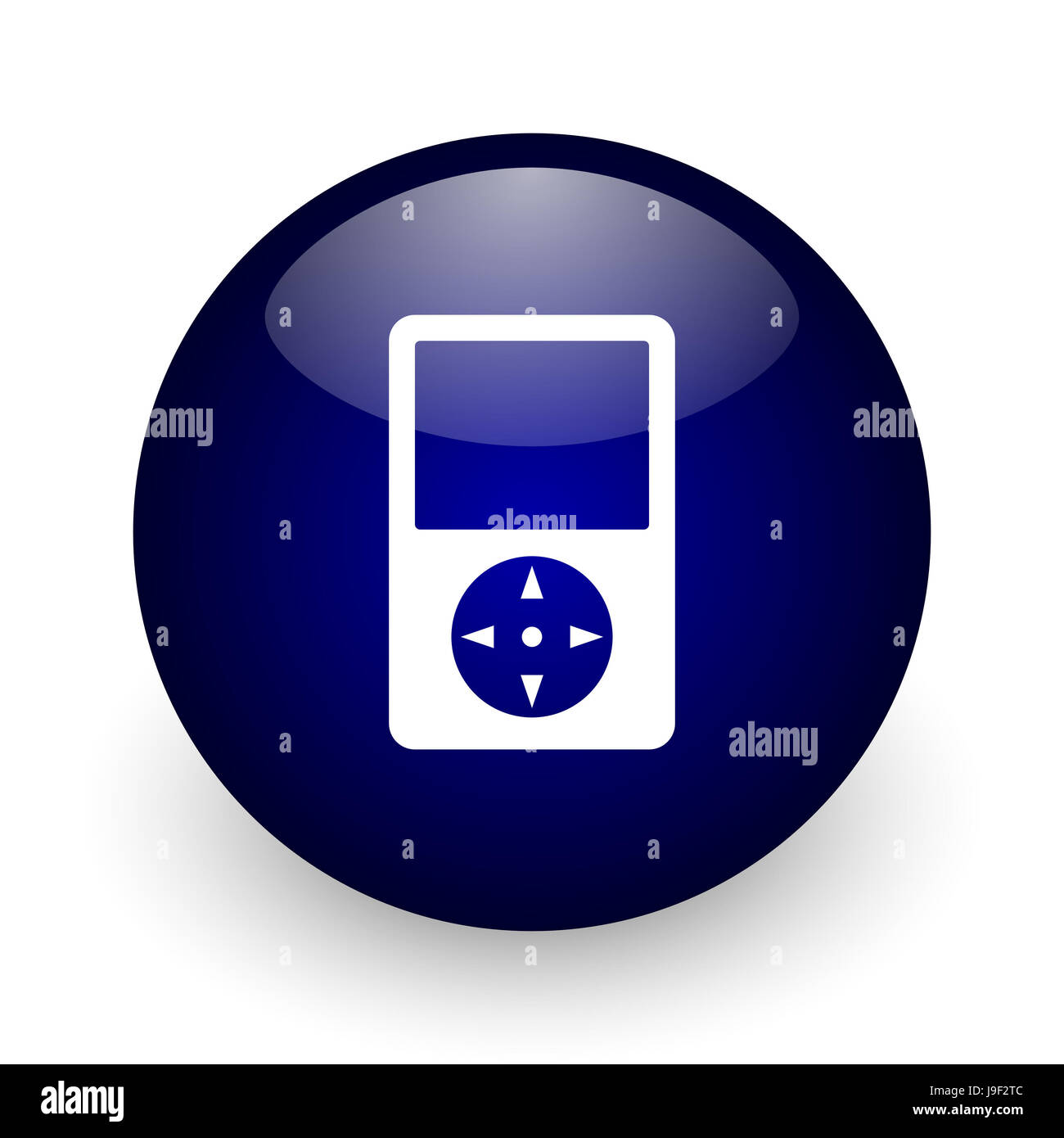 Multimedia player blue glossy ball web icon on white background. Round 3d render button. Stock Photo