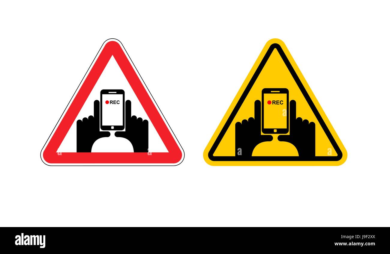 Warning sign of attention vertical video. Dangers yellow sign hand and smartphone. Set of road signs against shooting on phone. Note vertical record Stock Vector