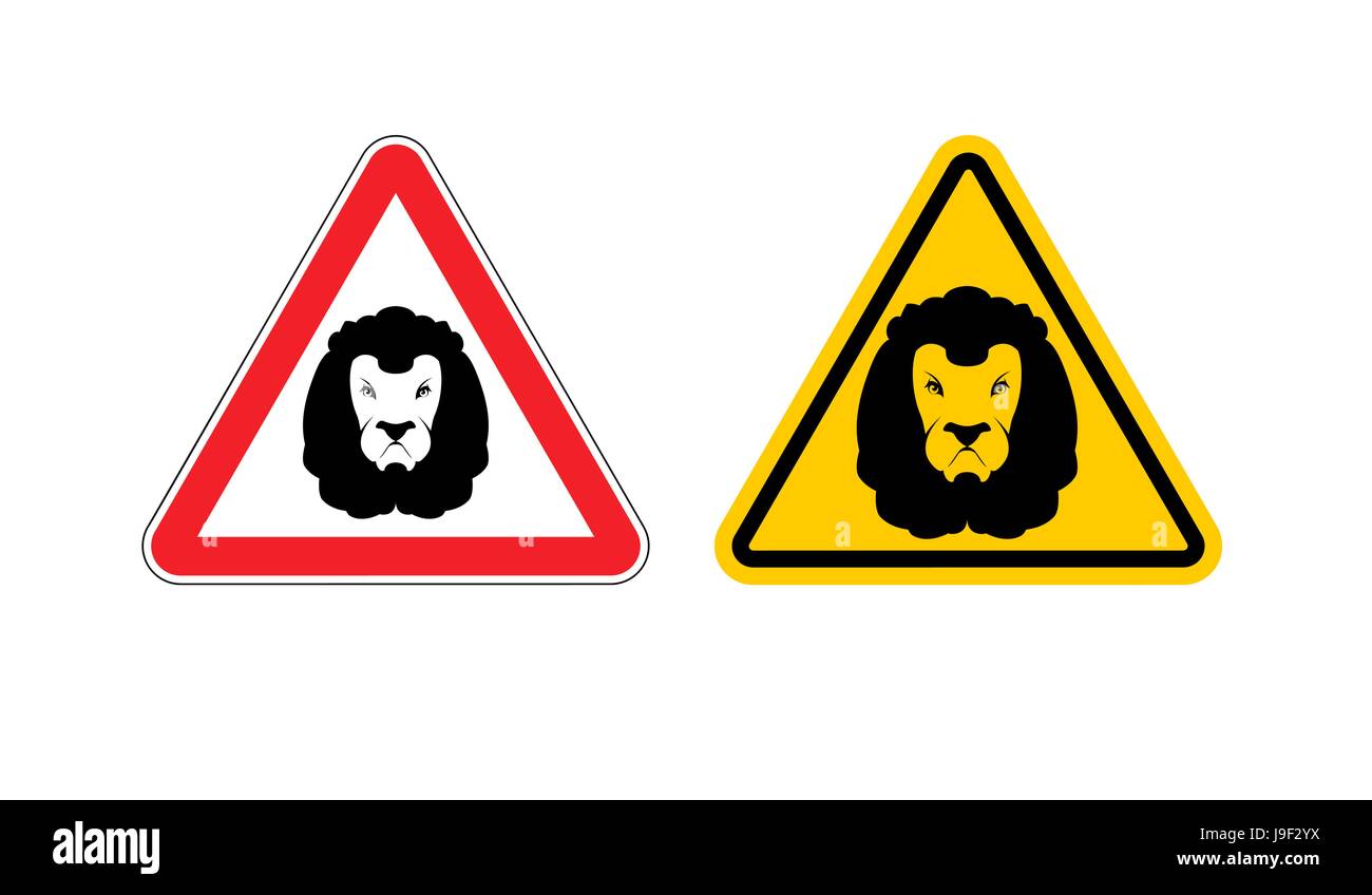 Warning sign lion attention. Dangers yellow sign wild animal. Aggressive beast. Set of road