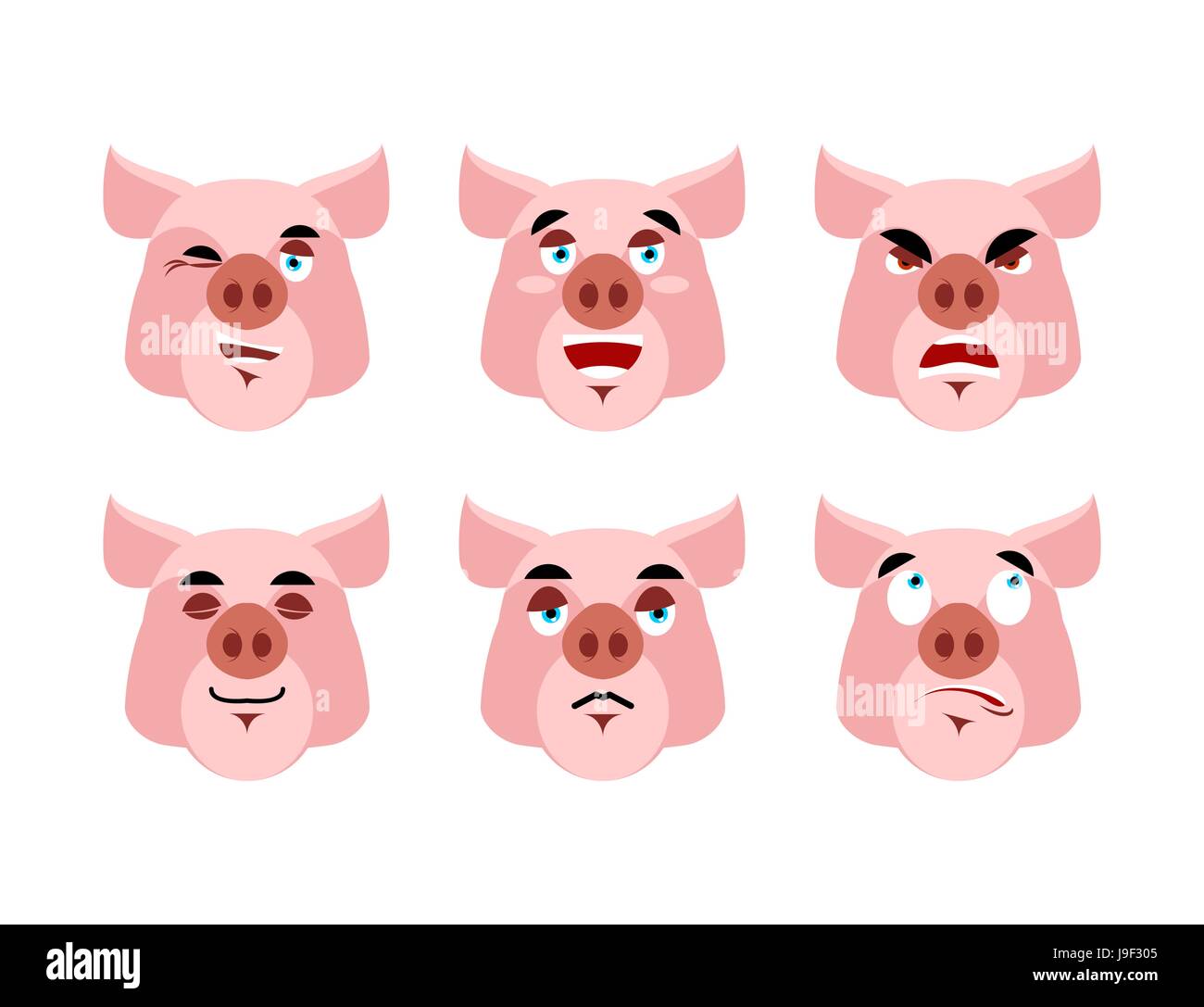 Pig Emotions. Set expressions avatar boar. Good and evil hog. Discouraged and cheerful. Sad and sleepy. Aggressive and cute farm animals Stock Vector
