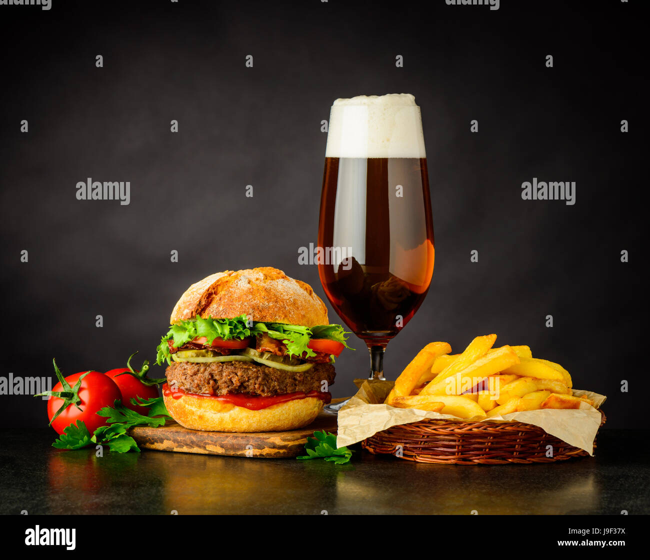 Beer, French Fries and Tasty Looking Burger Fast Food Stock Photo Alamy
