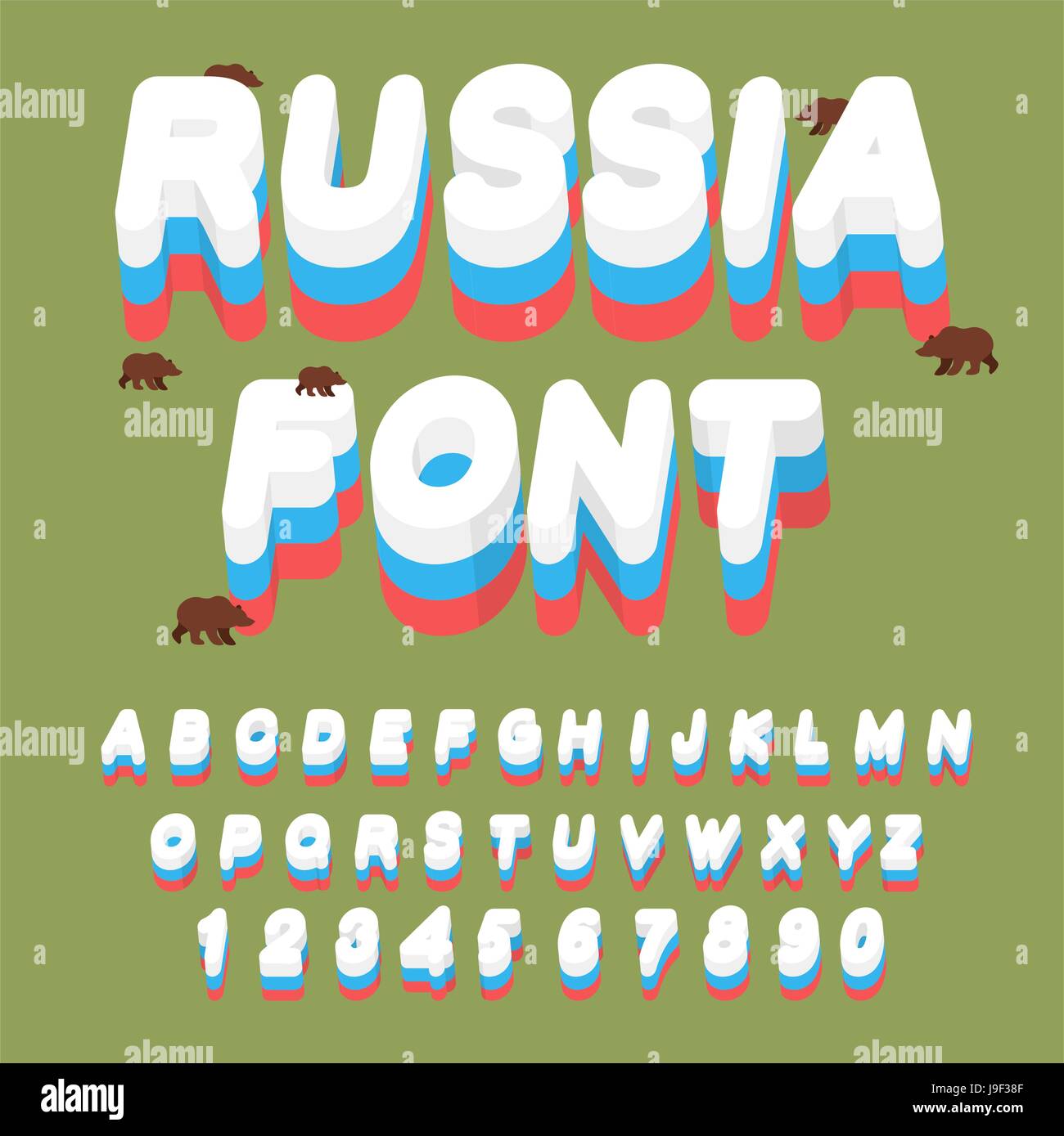 Russian font. Russian flag on letters. National Patriotic alphabet. Letters and grizzly bears Stock Vector