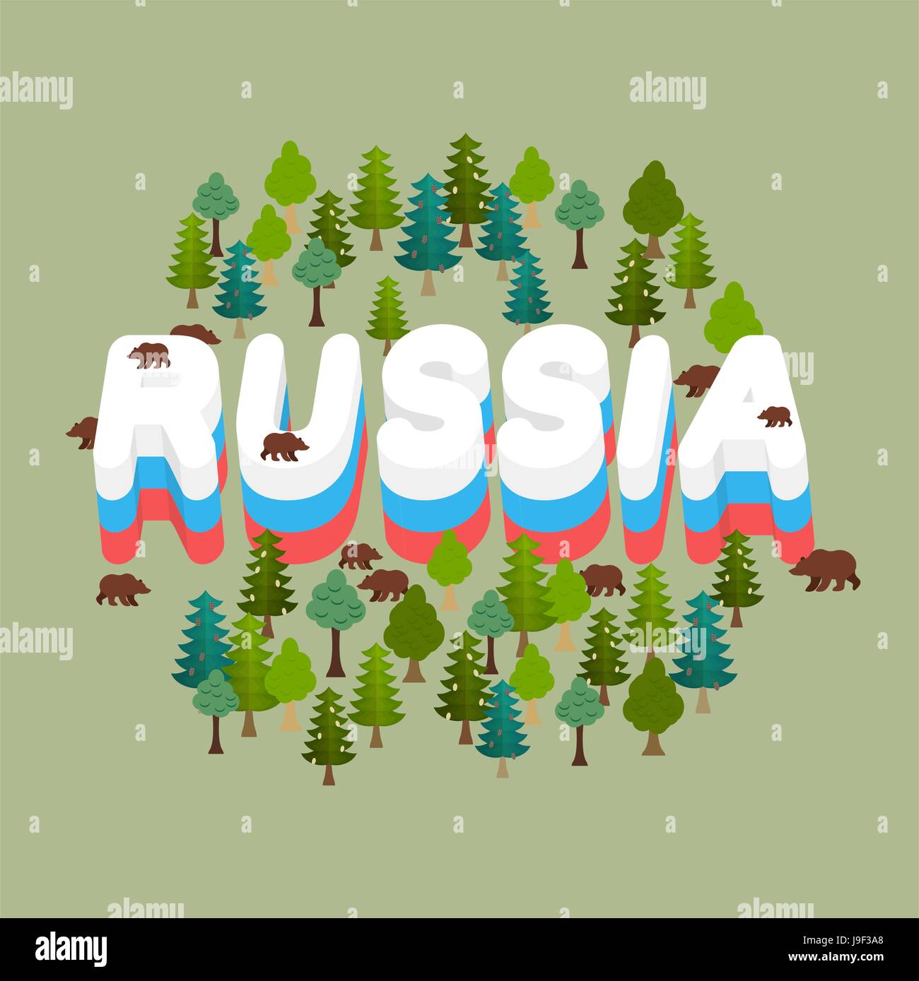 Russia. Wildlife of Russian Federation. Letters Russian flag. Bears in forest. Text in grove Stock Vector