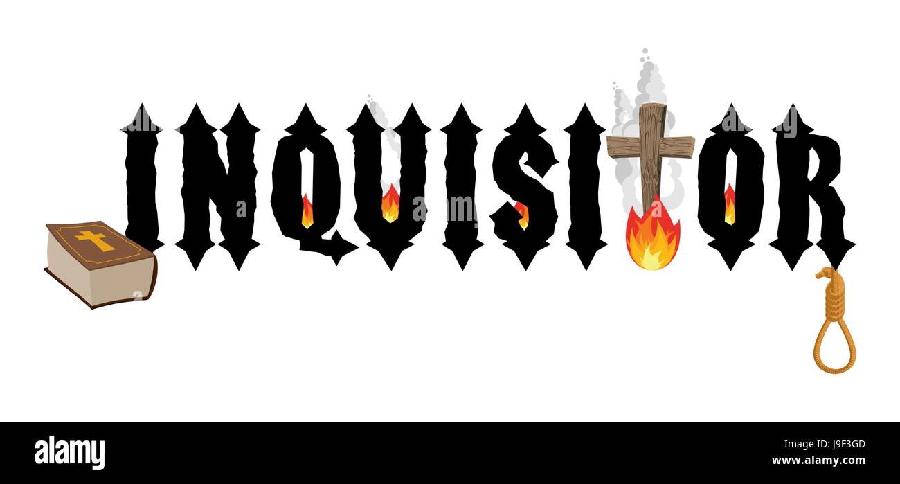 Inquisitor.Holy Bible and cross. Bonfires. Hangman noose executioner. Punishing witches burning and hanging. Gothic font Stock Vector