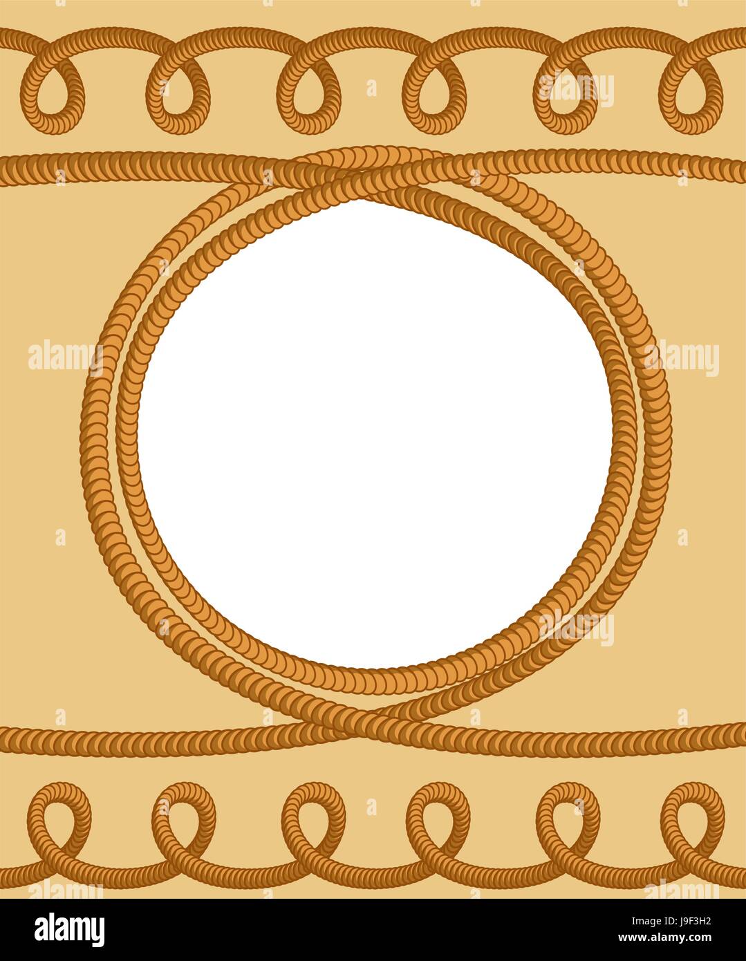 Rope rope. Curls and rings from rope. Thick braided rope and knots. Frame marine theme Stock Vector