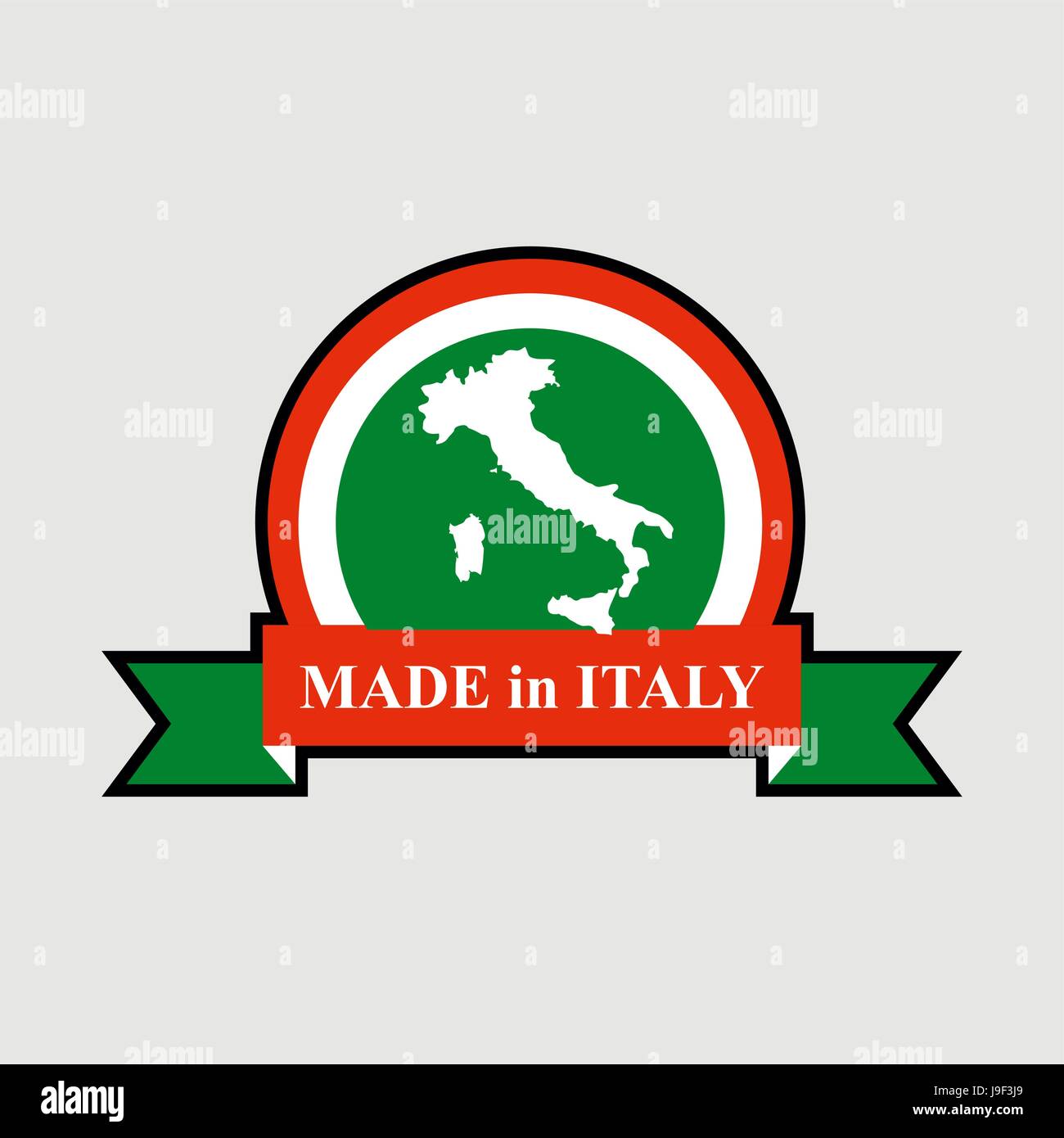 Made in Italy product logo. Map of Italy and Ribbon with colors of Italian flag. Label template for production. Stock Vector