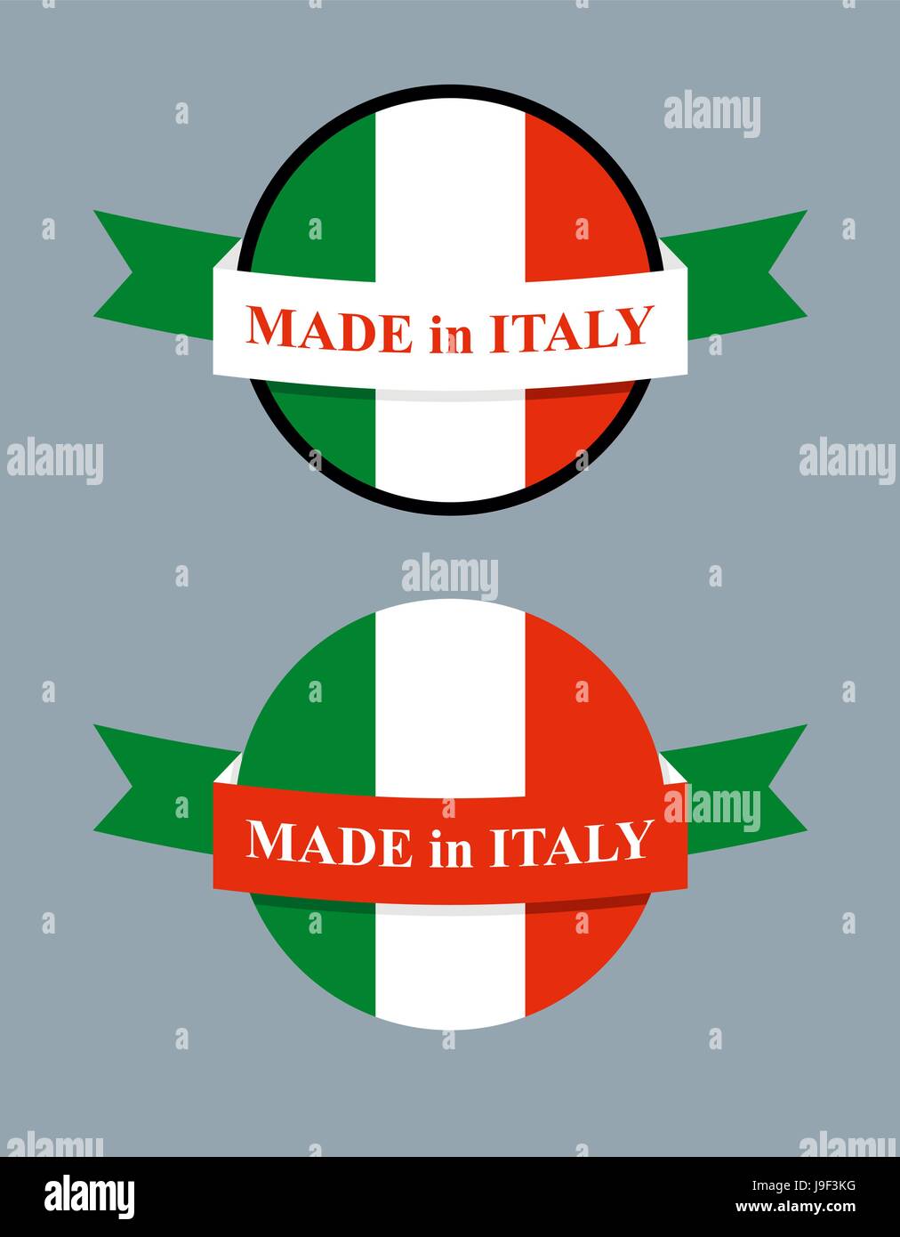 Made in Italy product logo. Map of Italy and Ribbon with colors of Italian flag. Label template for production. Stock Vector