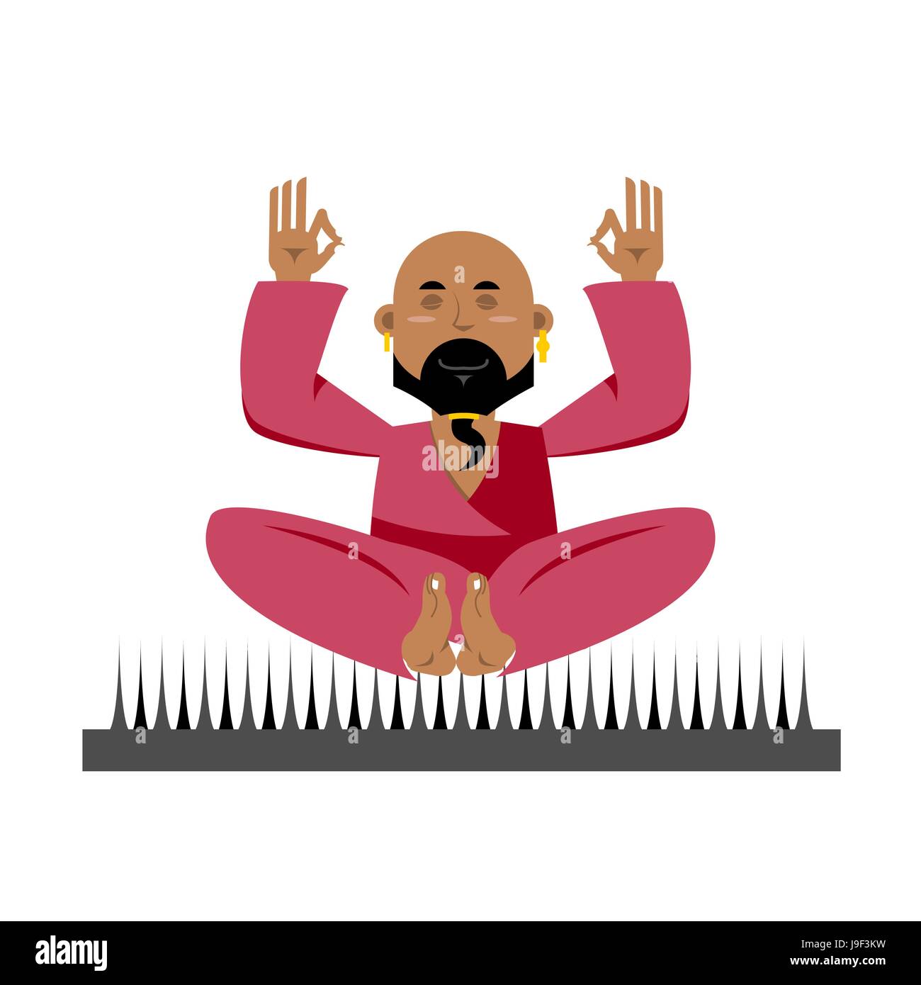 Yogi on nails. Indian yogi sits on spike. nirvana Meditation. Man practicing yoga exercises. Bald man with beard meditates Stock Vector