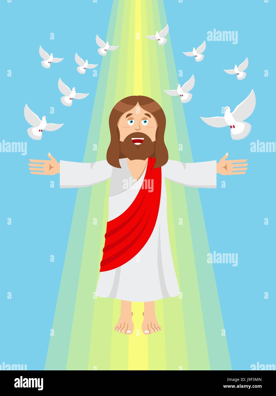 Jesus and pigeons. Ascension of Jesus Christ. Son of God in heaven. Resurrection. Bible character. Yellow divine ray of light Stock Vector
