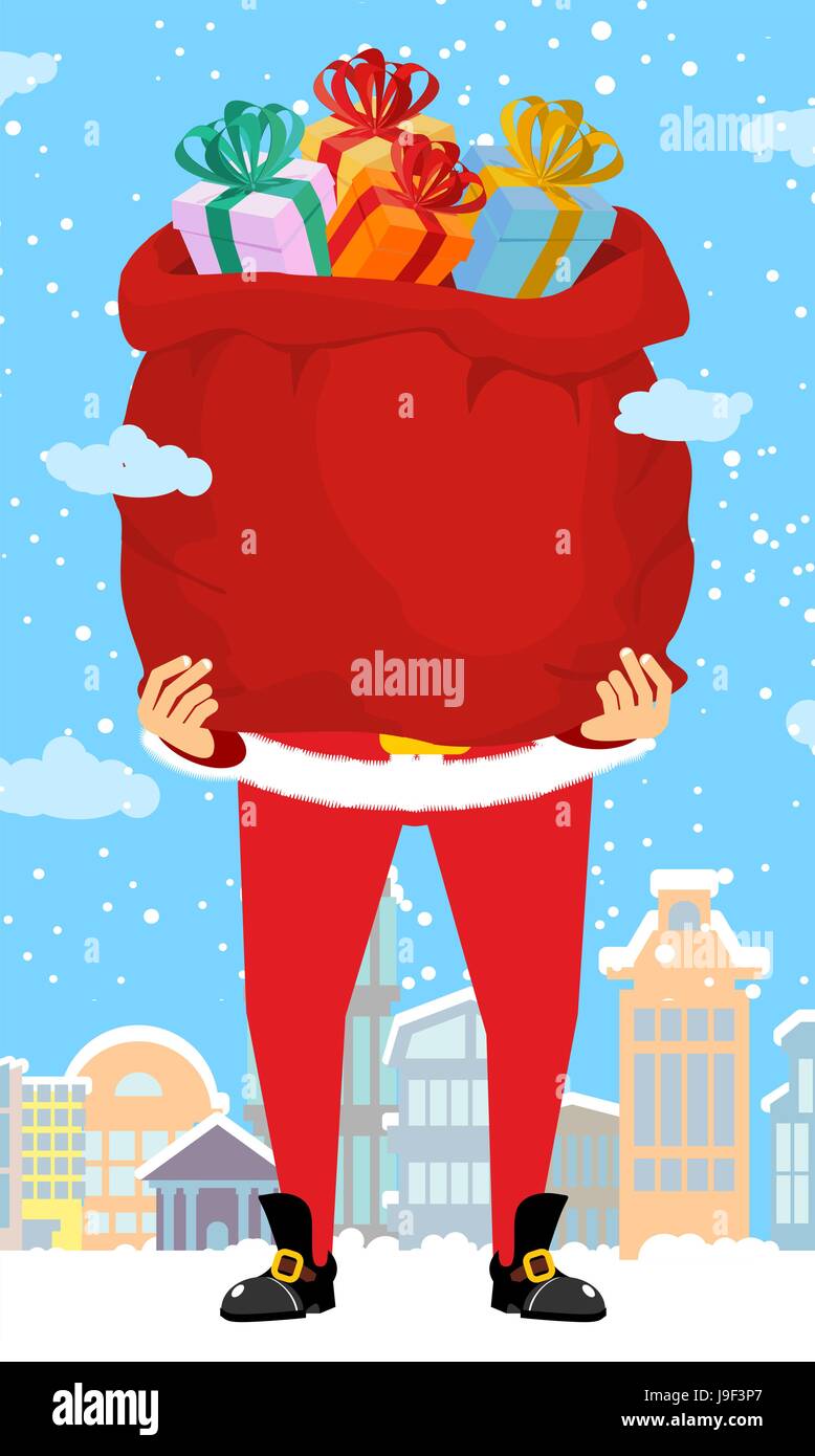 Santa Claus and bag of gifts in city. Christmas in town. Snow and buildings. High Santa and big red sack walking down street. New Year card. Xmas temp Stock Vector