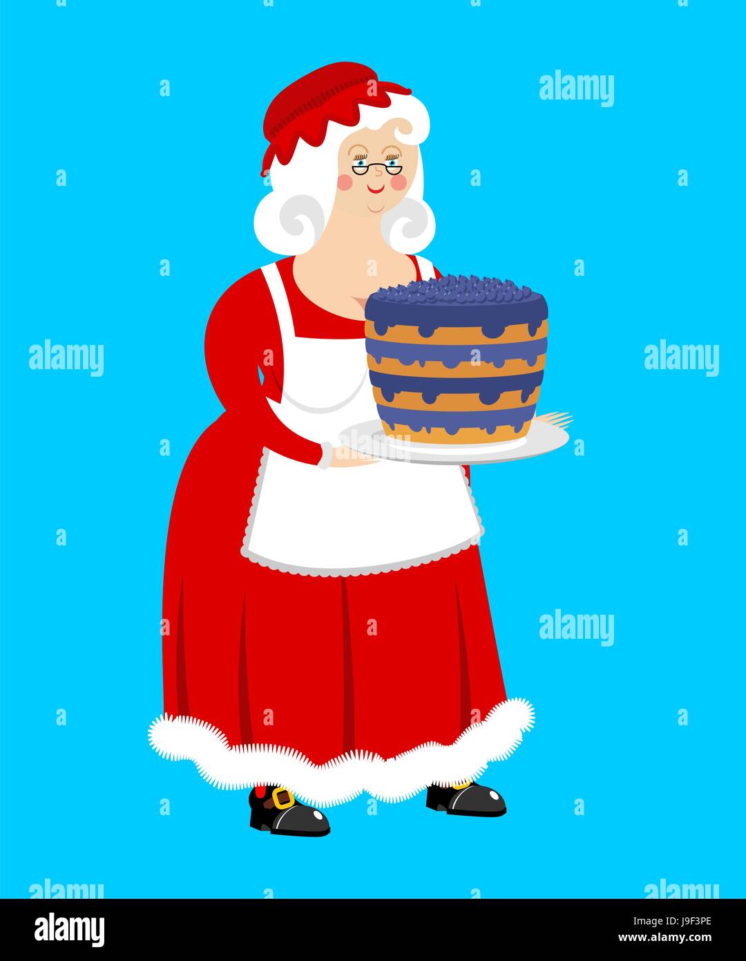Mrs. Claus and blueberry cake. Wife of Santa Claus and dessert. Christmas woman in red dress and white apron. Xmas feale Stock Vector