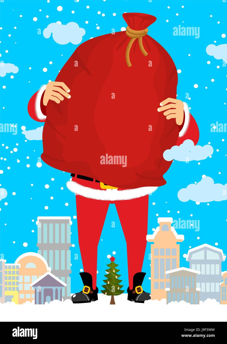 Santa Claus in city carry bag of gifts. Christmas in town. Snow and buildings. High Santa and big red sack walking down street. New Year card. Xmas te Stock Vector