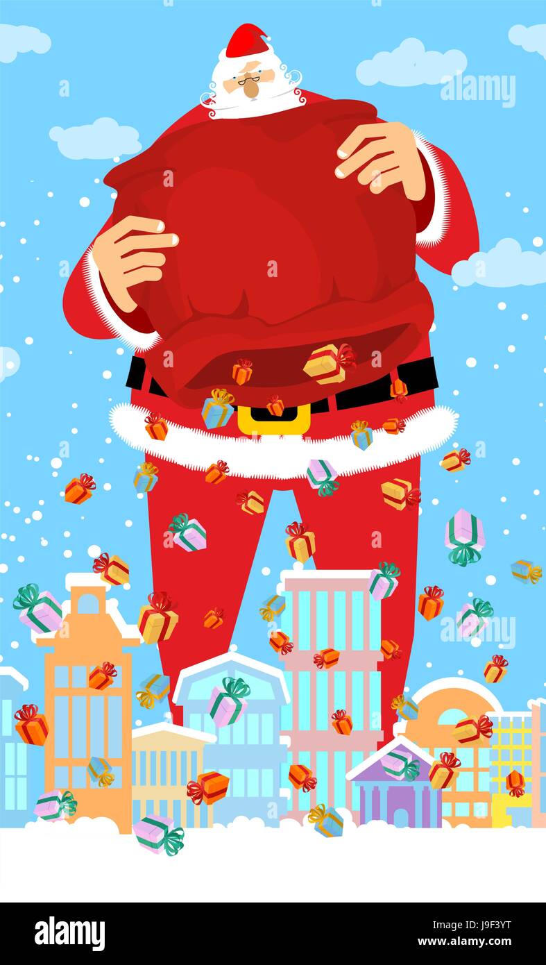 Santa Claus and bag rain gifts in city. Christmas in town. Snow and buildings. High Santa and big red sack walking down street. New Year card. Xmas te Stock Vector