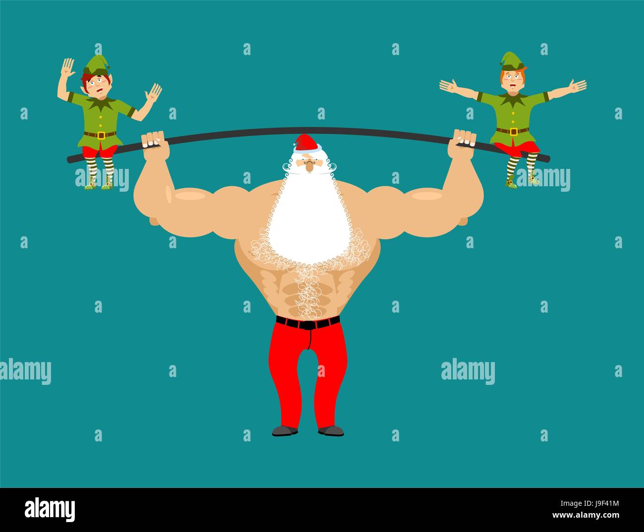 Strong Santa lift barbell with elves. powerlifting elf gravity. Sports Merry Christmas. Claus